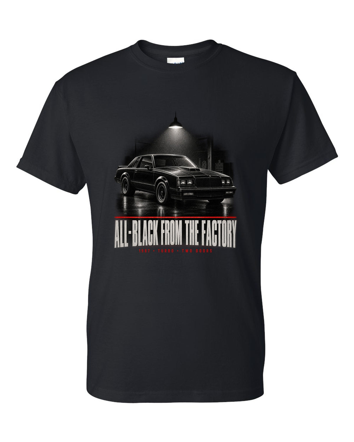 1987 Buick Grand National garage night scene print with all-black text black t-shirt front view with the design
