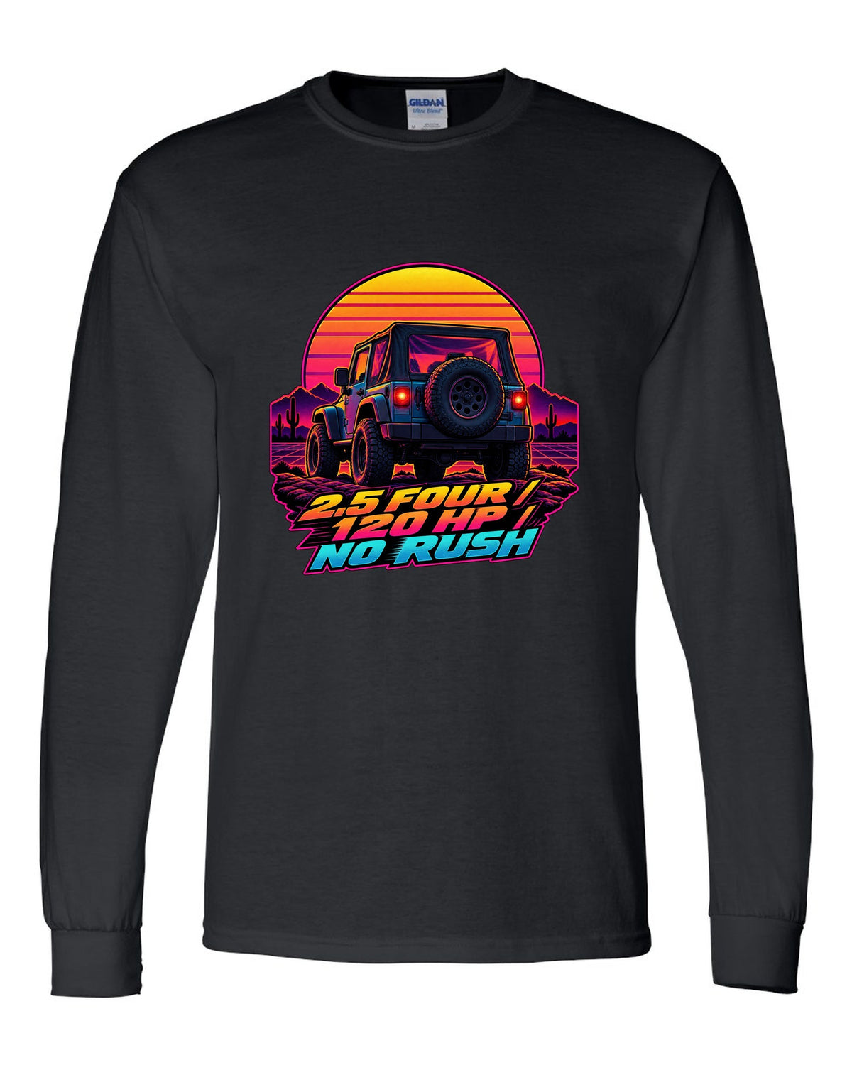 Synthwave sunset illustration of a Jeep Wrangler TJ tailgate with 2.5 FOUR 120 HP NO RUSH lettering black long sleeve front view with the design