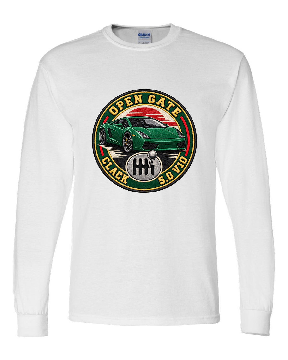 Embroidery-style crest of a Lamborghini Gallardo open-gate six-speed manual with V10 text white long sleeve front view with the design