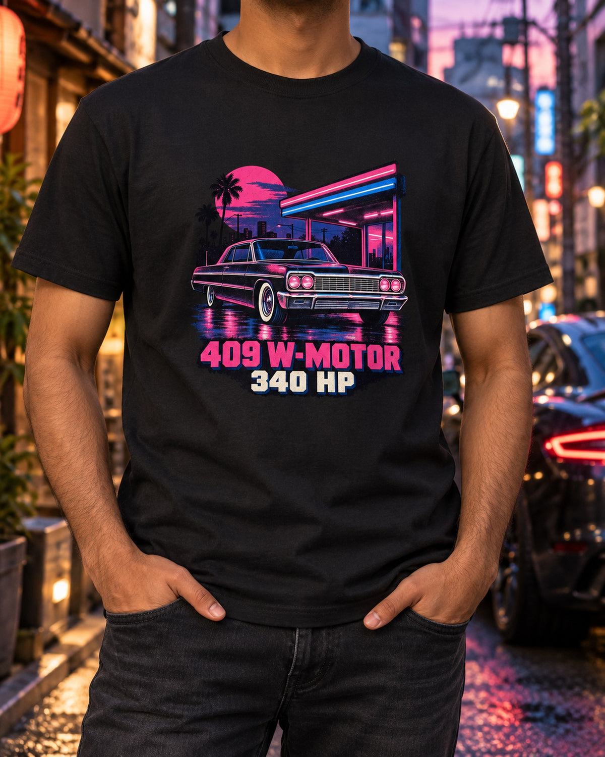 1964 Impala SS 409 W-Motor Riso Night Shirt, Neon Rain T-Shirt Black worn hero