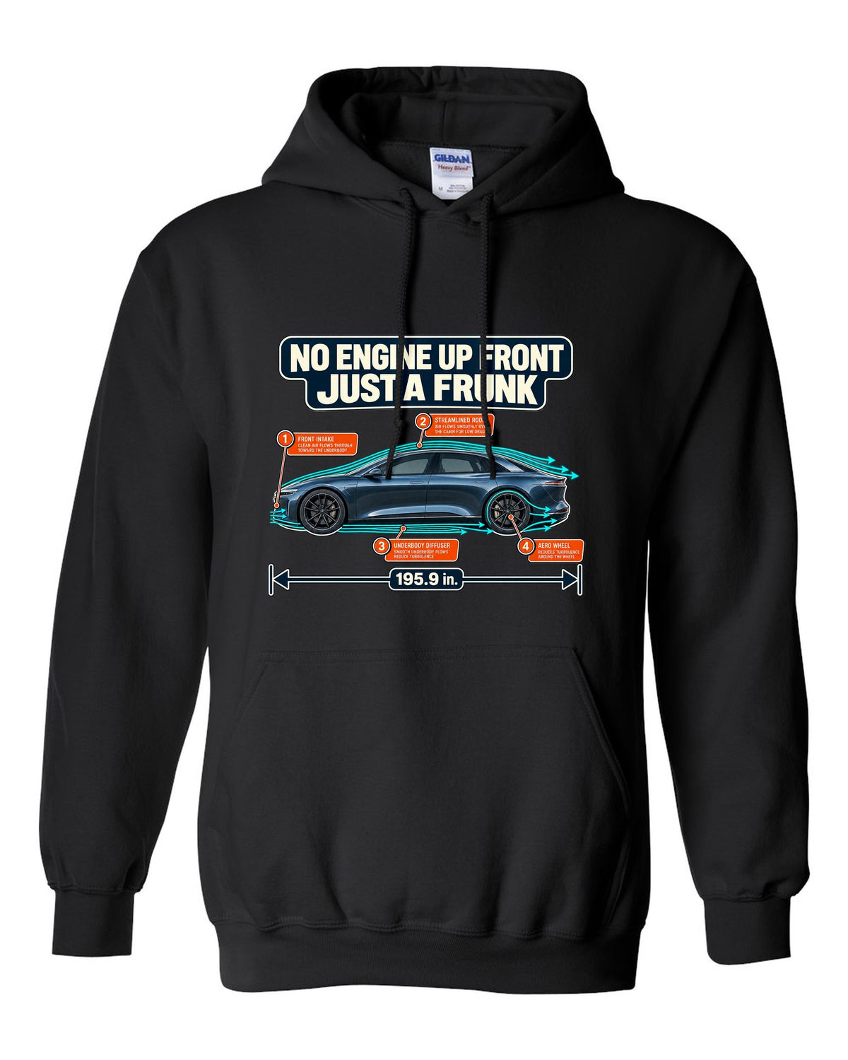 Aero cutaway callout print of a Lucid Air Sapphire showing the front trunk black pull over hoodie front view with the design