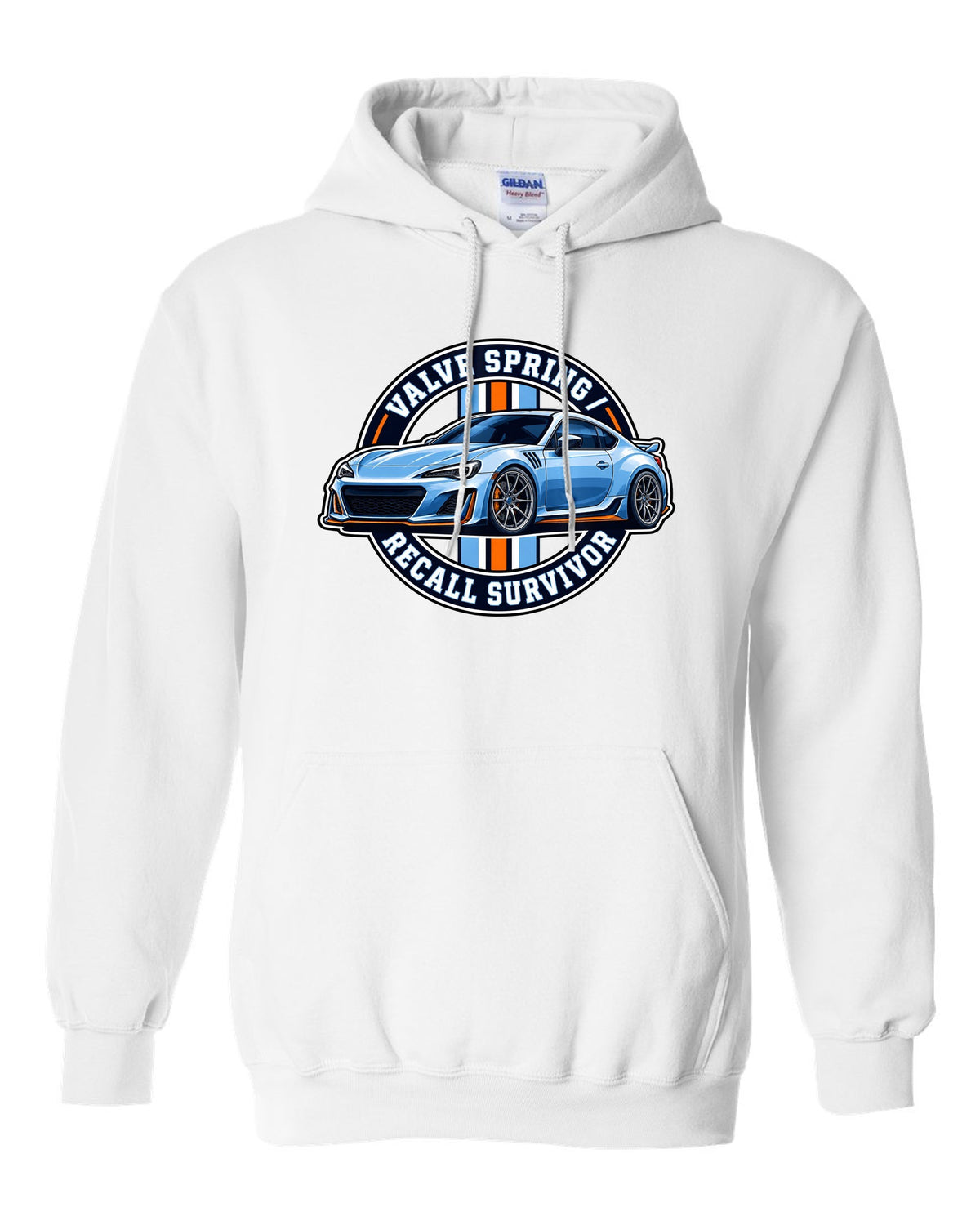 Round varsity crest design for a Subaru BRZ ZC6 reading valve spring recall survivor white pull over hoodie front view with the design