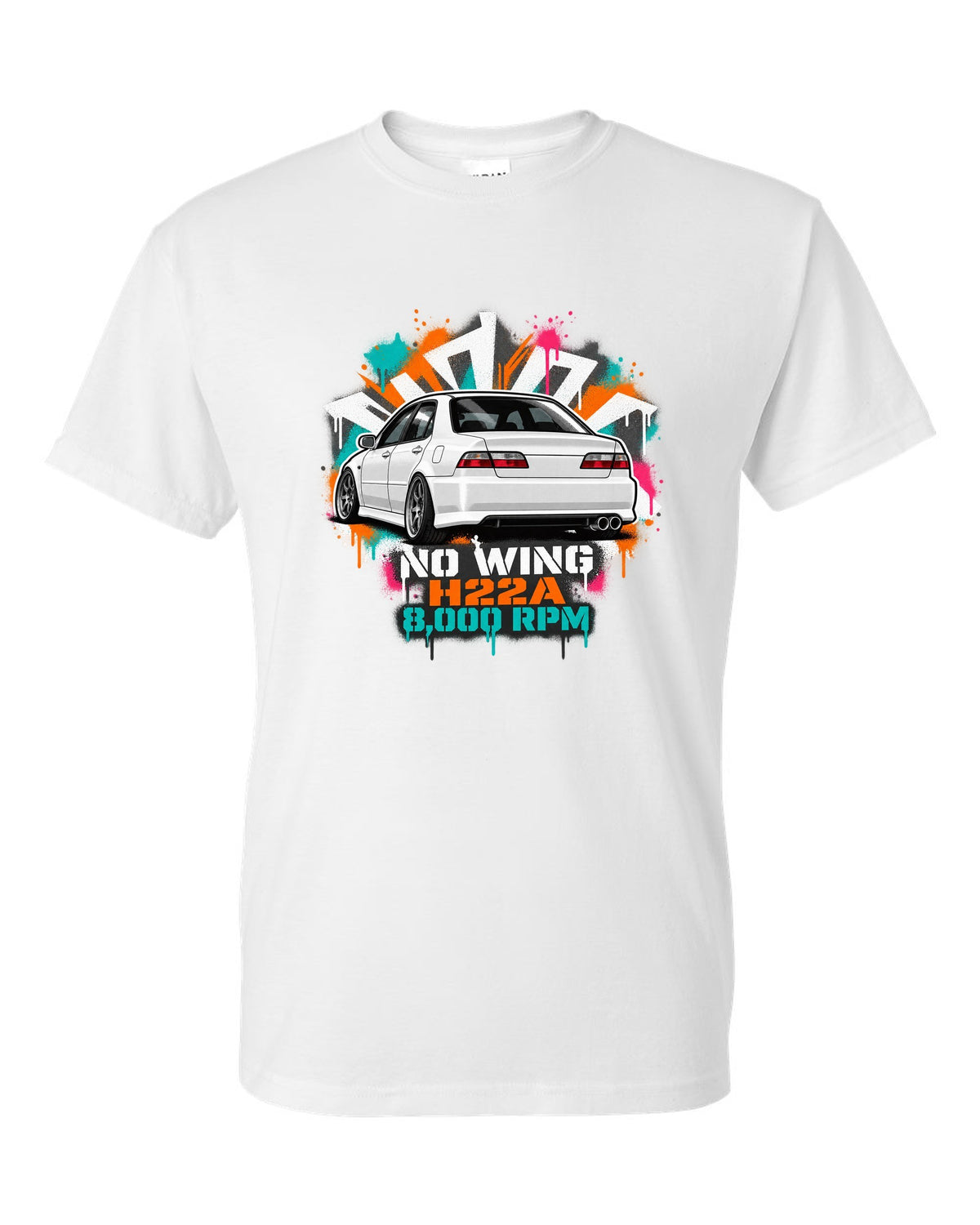 Stencil spray street art print of a Honda Accord Euro R CL1 with no wing H22A 8,000 RPM text white t-shirt front view with the design