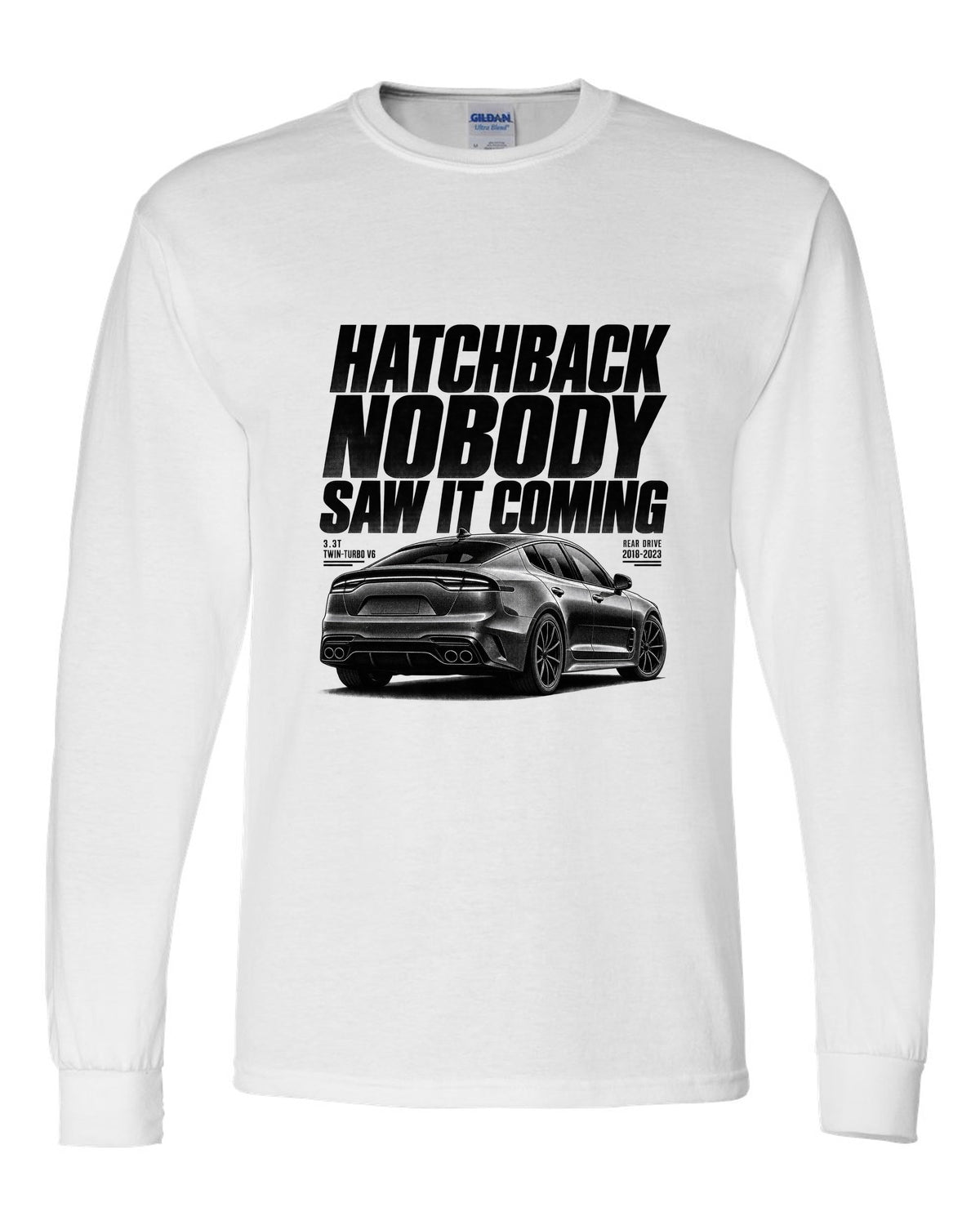 Halftone print of a Kia Stinger GT CK rear three-quarter low angle with chback text white long sleeve front view with the design