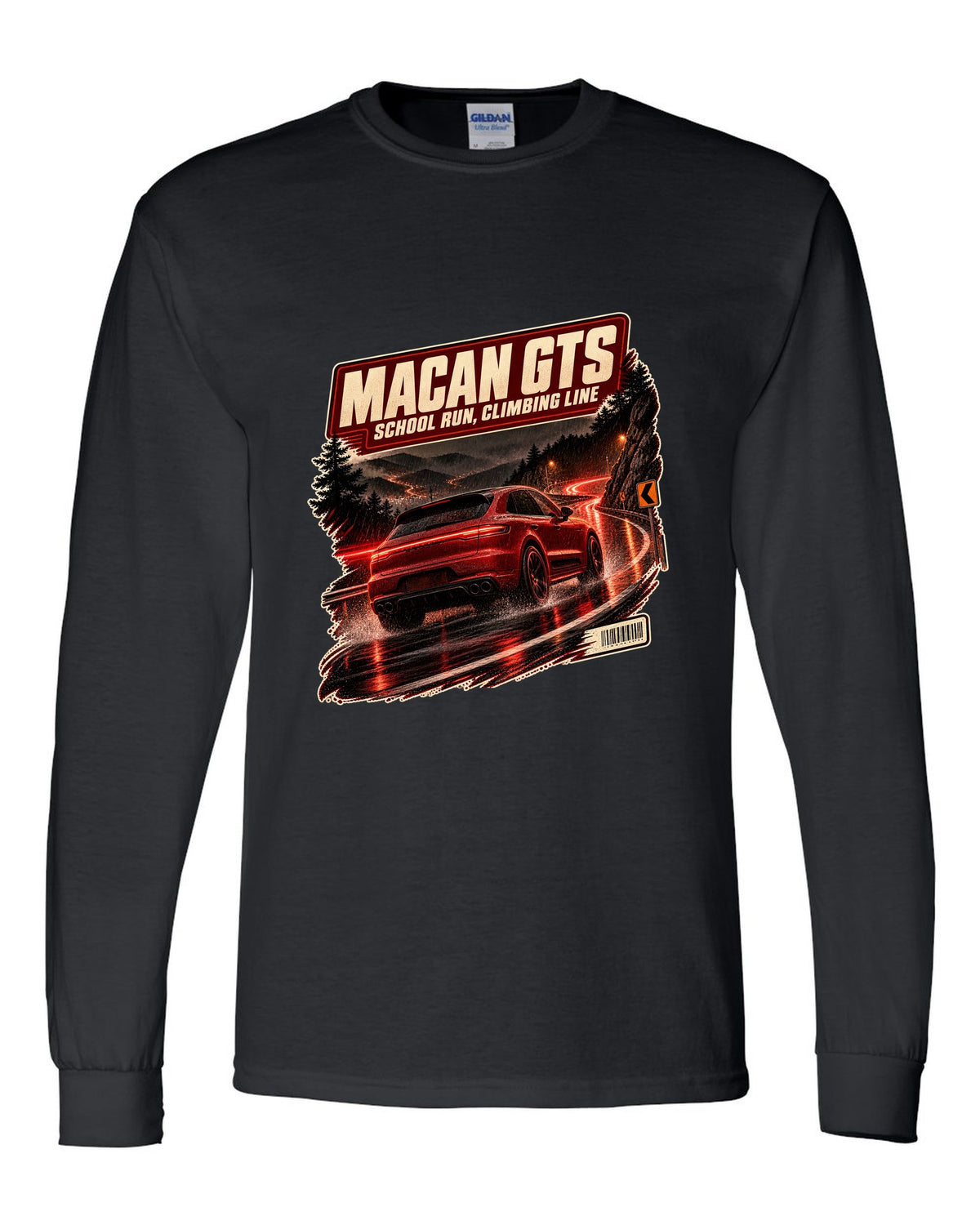 Wet mountain road print of a low front three-quarter Porsche Macan GTS 95B black long sleeve front view with the design