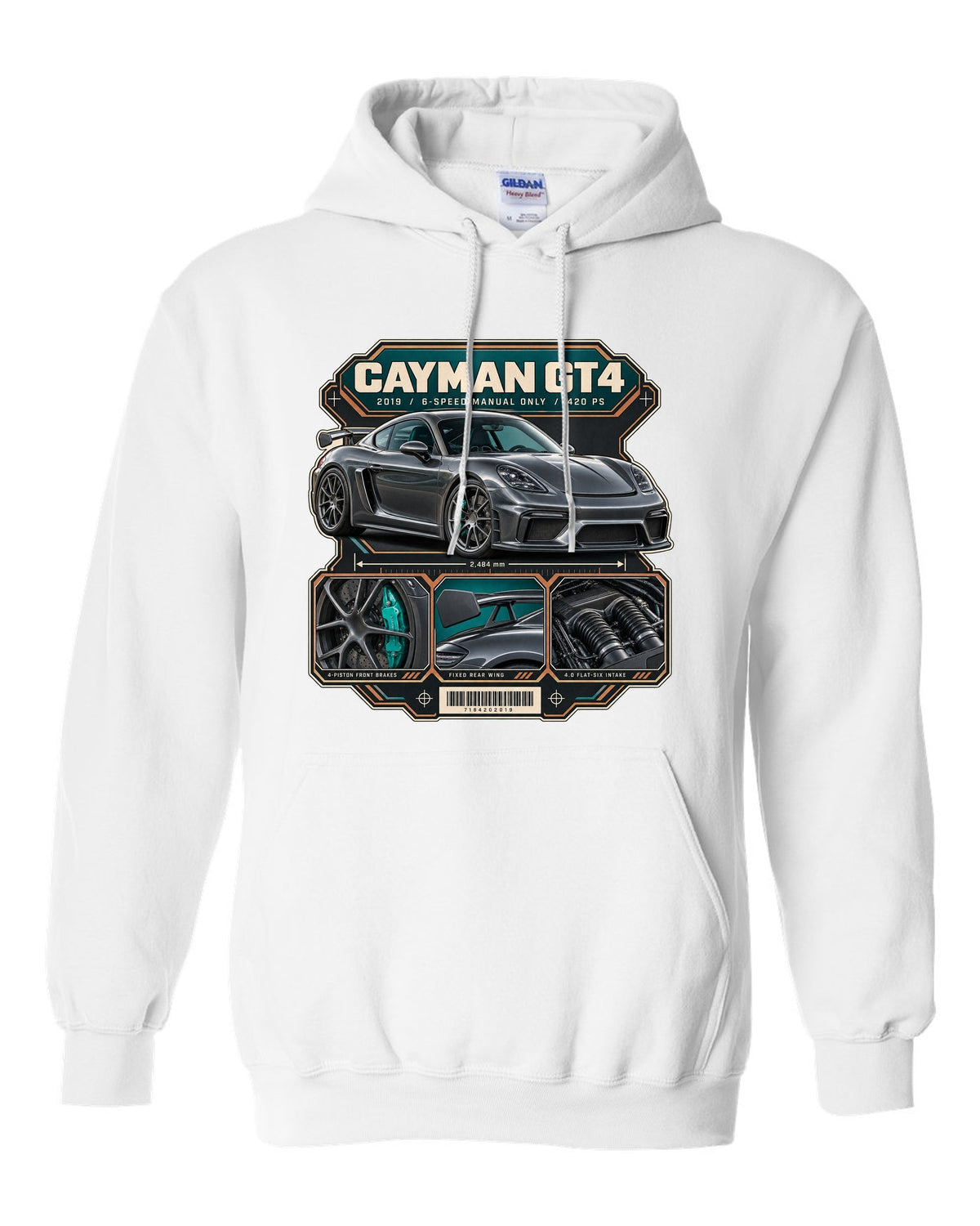 Dossier panel print of a Porsche 718 Cayman GT4 982 white pull over hoodie front view with the design