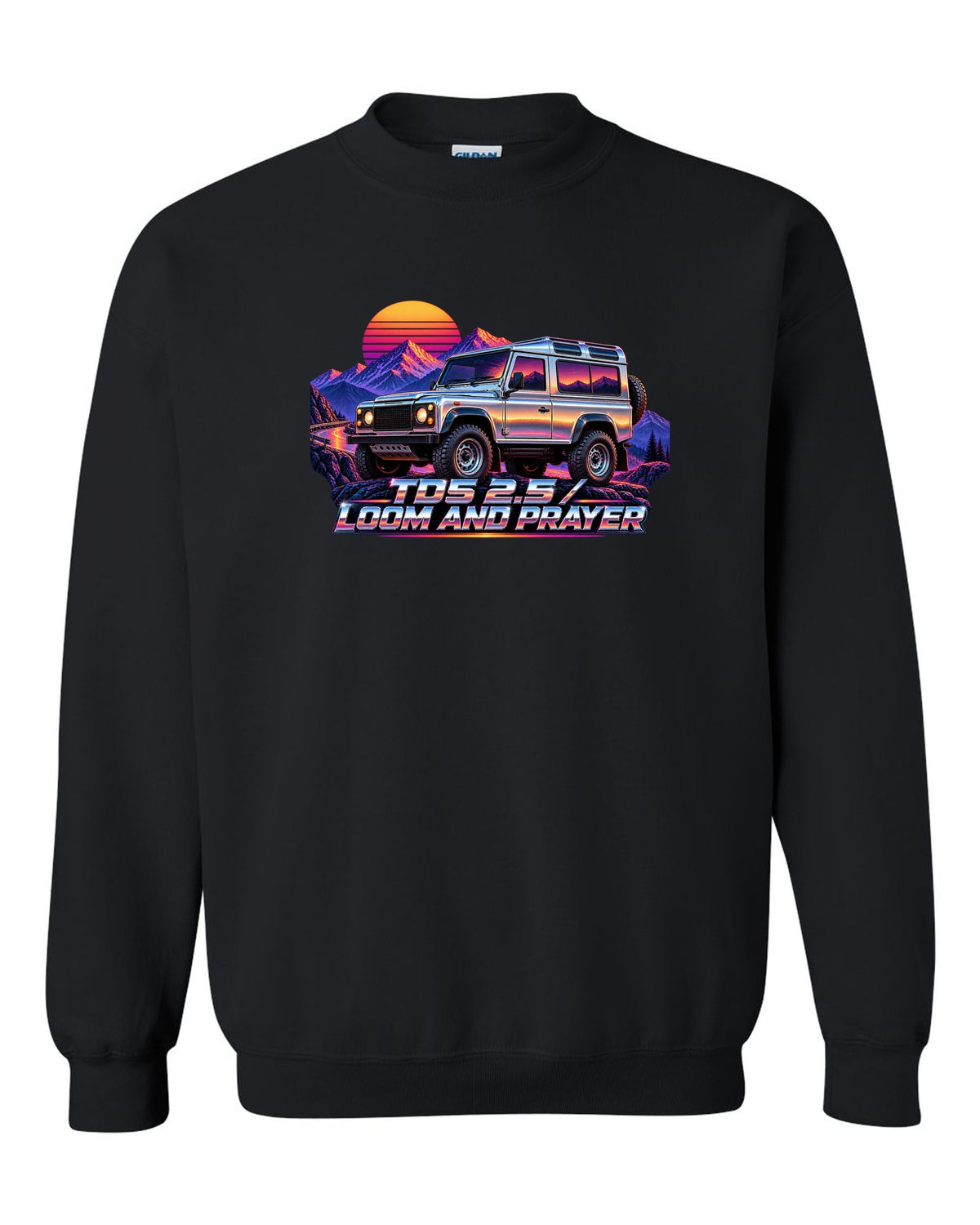 80s airbrush chrome art of a Land Rover Defender 110 Td5 on a sunset mountain pass black crewneck front view with the design