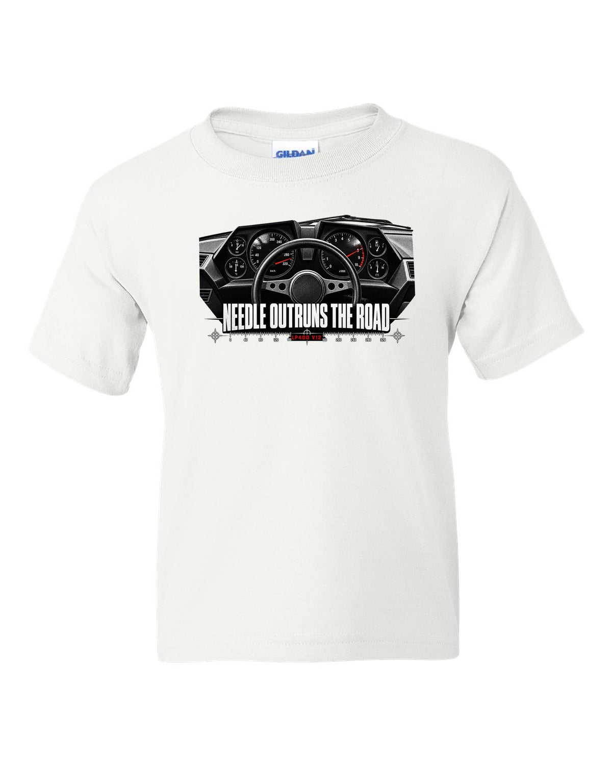 Cockpit gauge print of a Lamborghini Countach LP400 interior with needle outruns the road text white kids tee front view with the design