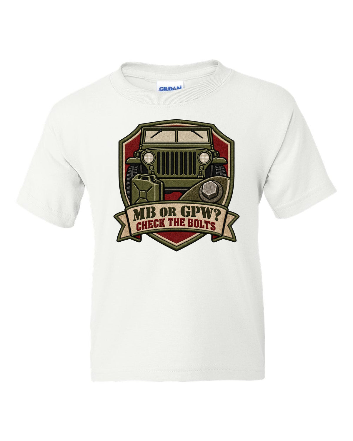 Embroidery-style service crest print of a Willys MB and Ford GPW with bolts text white kids tee front view with the design