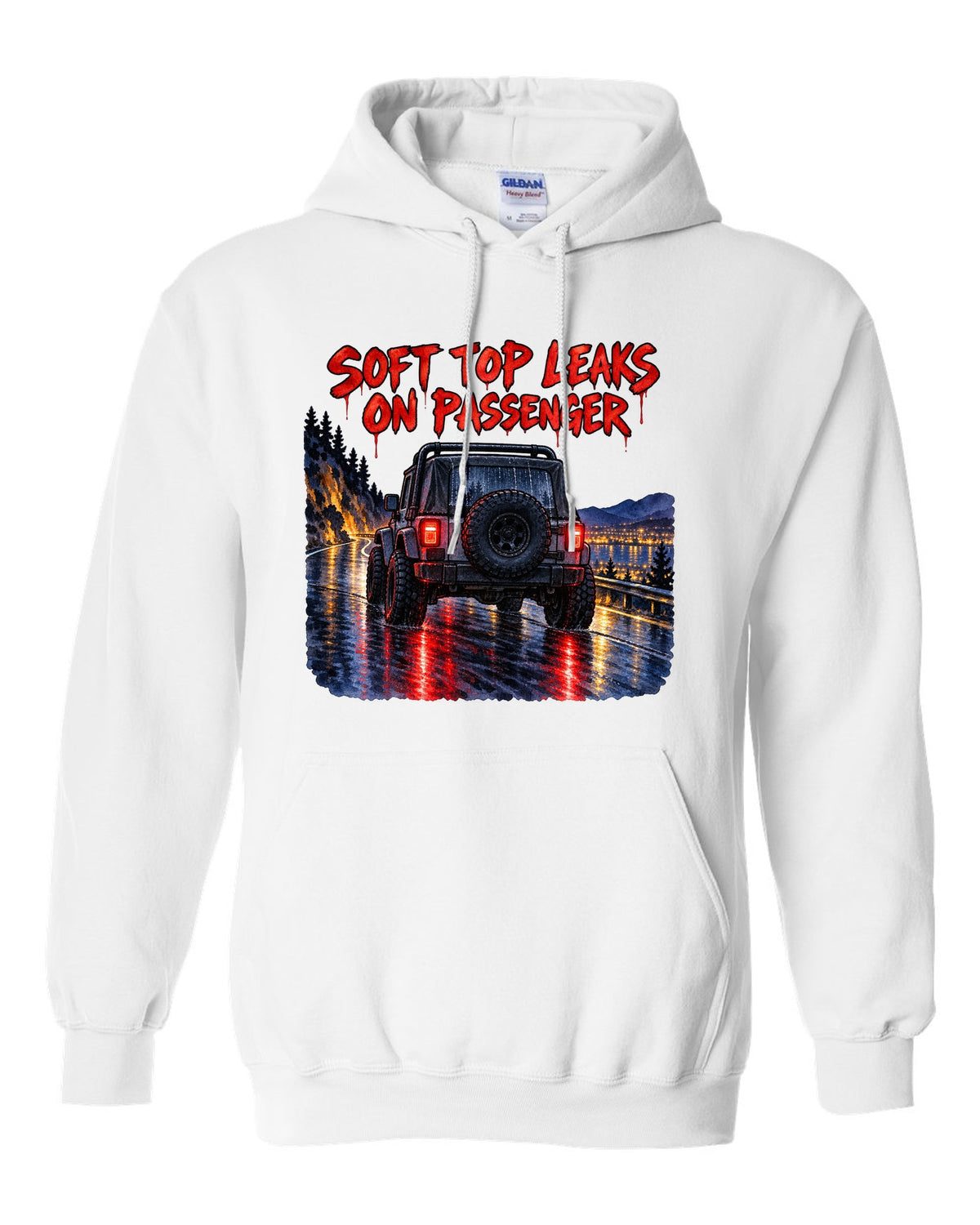 Watercolour wet-road night print of a Jeep Wrangler YJ taillights with soft top text white pull over hoodie front view with the design