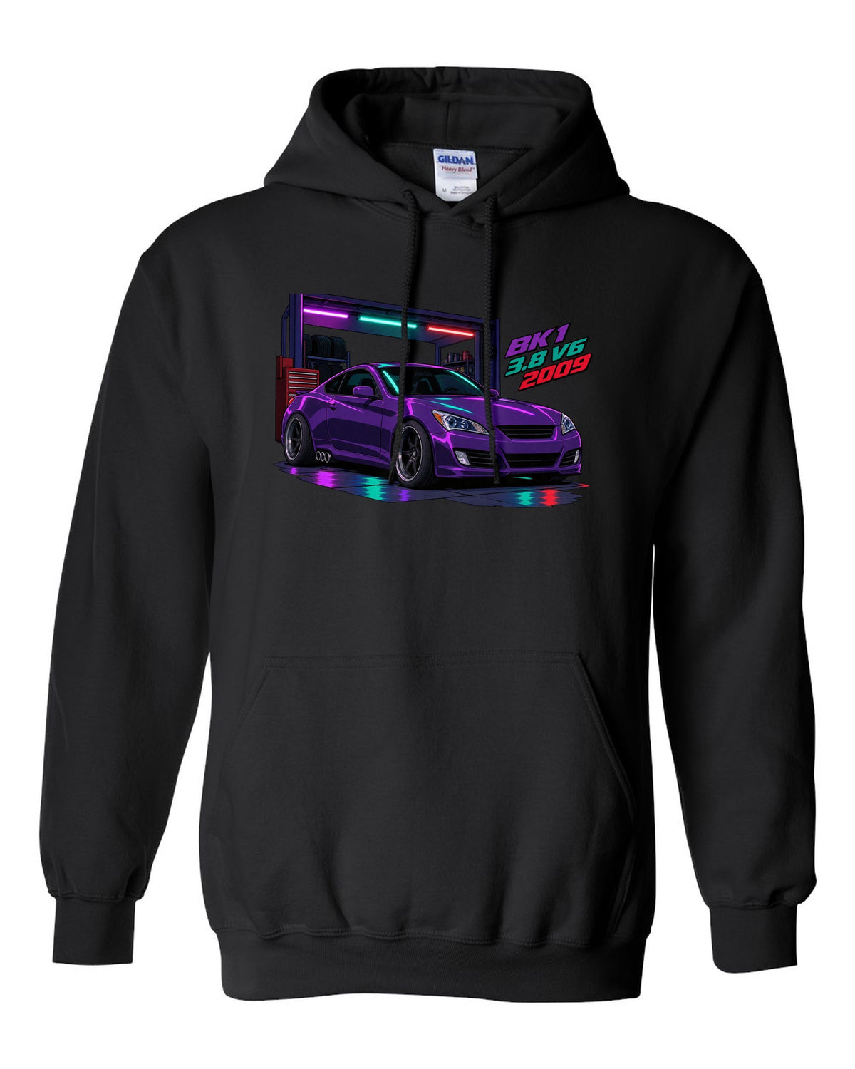Cel-shaded anime print of a Hyundai Genesis Coupe BK1 in a garage with 3.8 V6 2009 text black pull over hoodie front view with the design