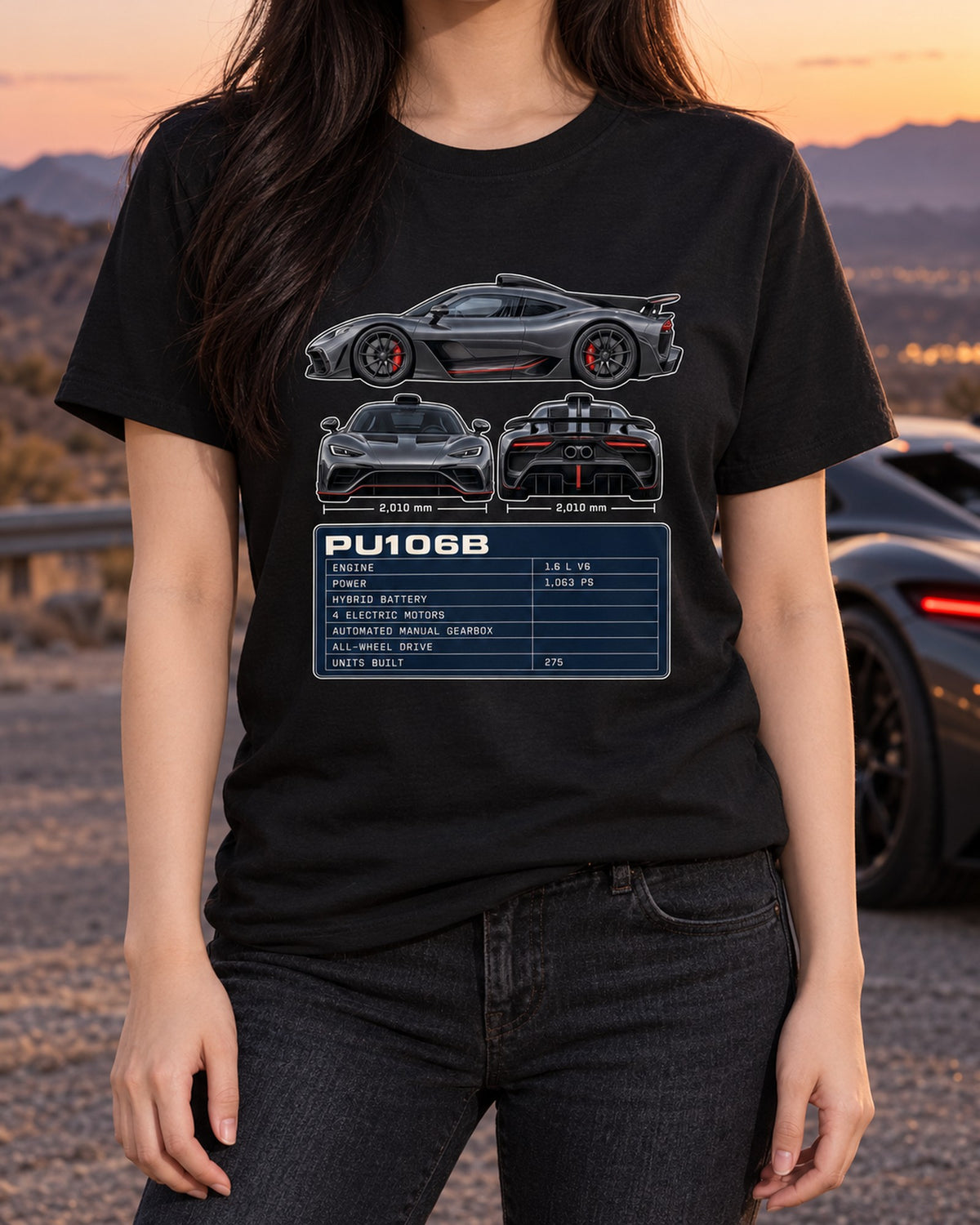 Mercedes-AMG One Three-View and Spec Table Shirt, PU106B V6 T-Shirt Black worn hero