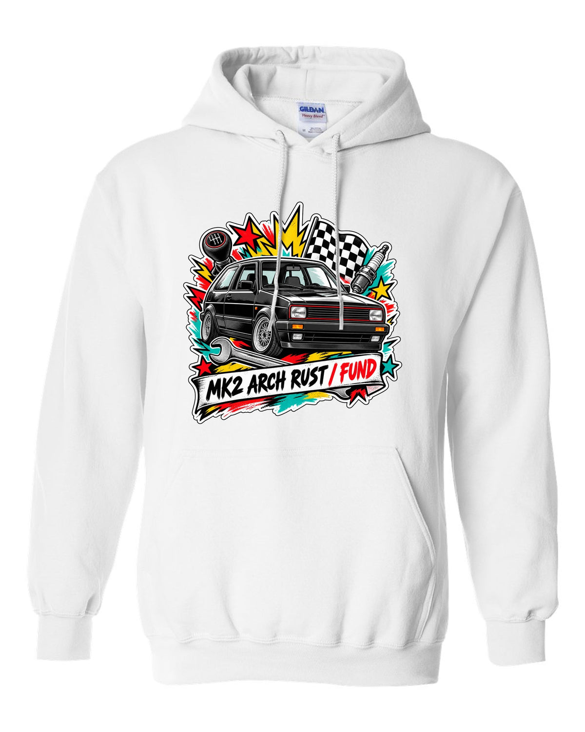 Sticker bomb collage print of a VW Golf Mk2 GTI with arch rust fund text white pull over hoodie front view with the design