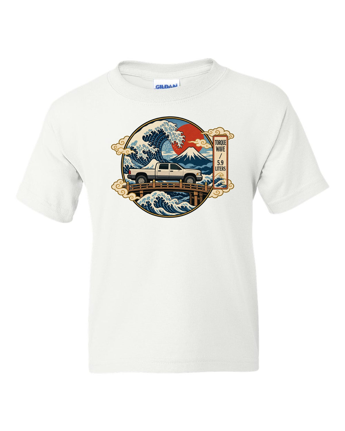 Ukiyo-e woodblock style print of a 2003-2009 Dodge Ram 2500 Cummins with torque wave 5.9 liters text white kids tee front view with the design