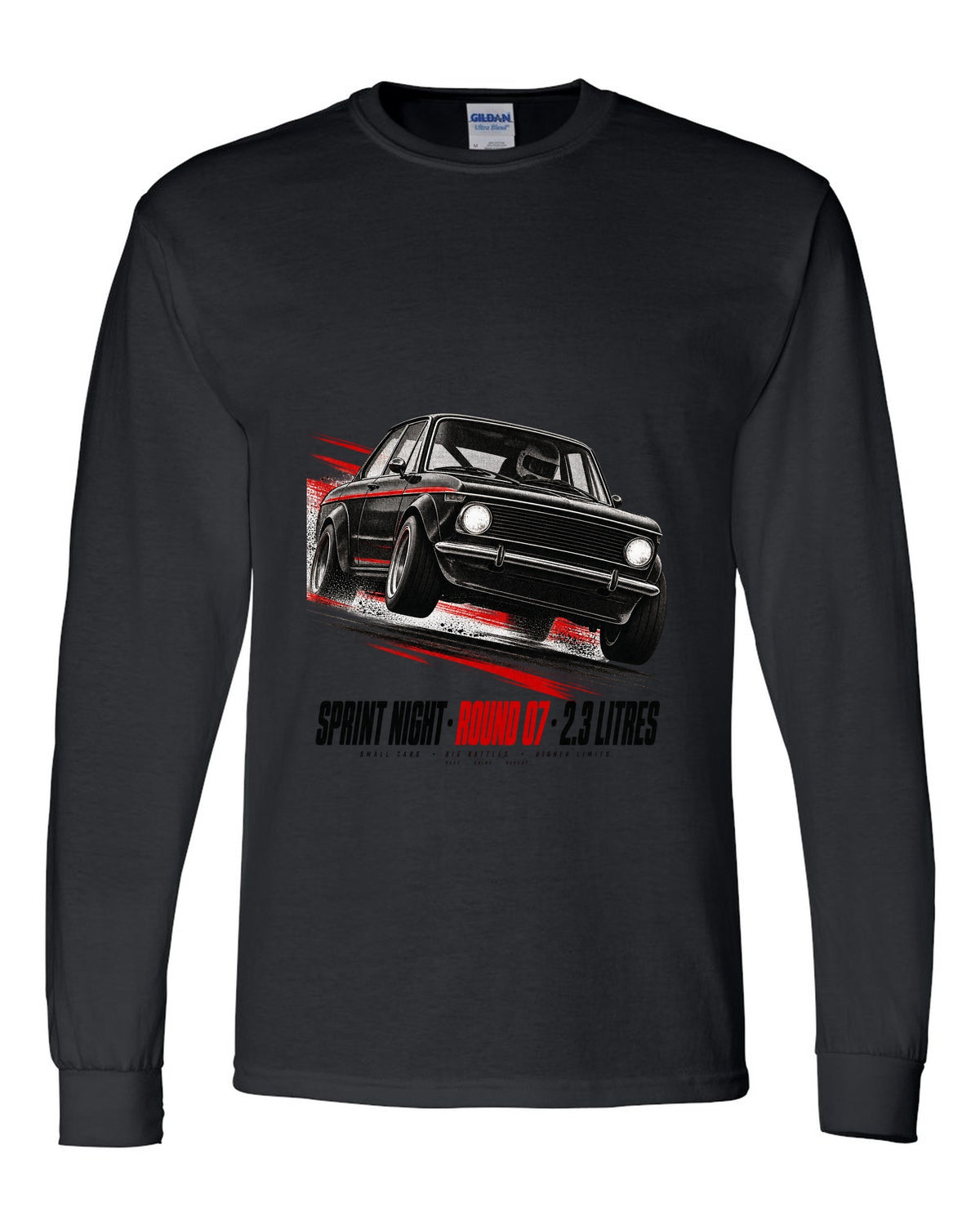 BMW E30 M3 race poster print titled Sprint Night Round 07 with 2.3 litres text black long sleeve front view with the design