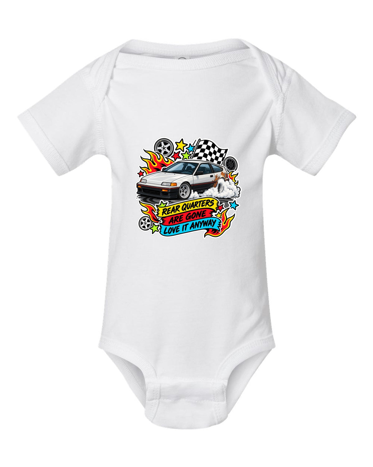 Sticker-bomb collage Honda CRX EF8 print with rusted rear quarters joke white baby onesie front view with the design