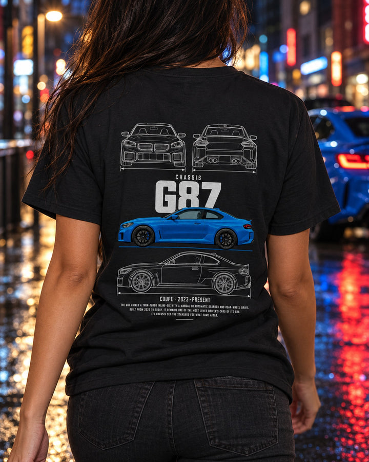 BMW G87 M2 compact coupe Blueprint Full-Back Graphic Tee, G87 Chassis Code T-Shirt Black worn hero