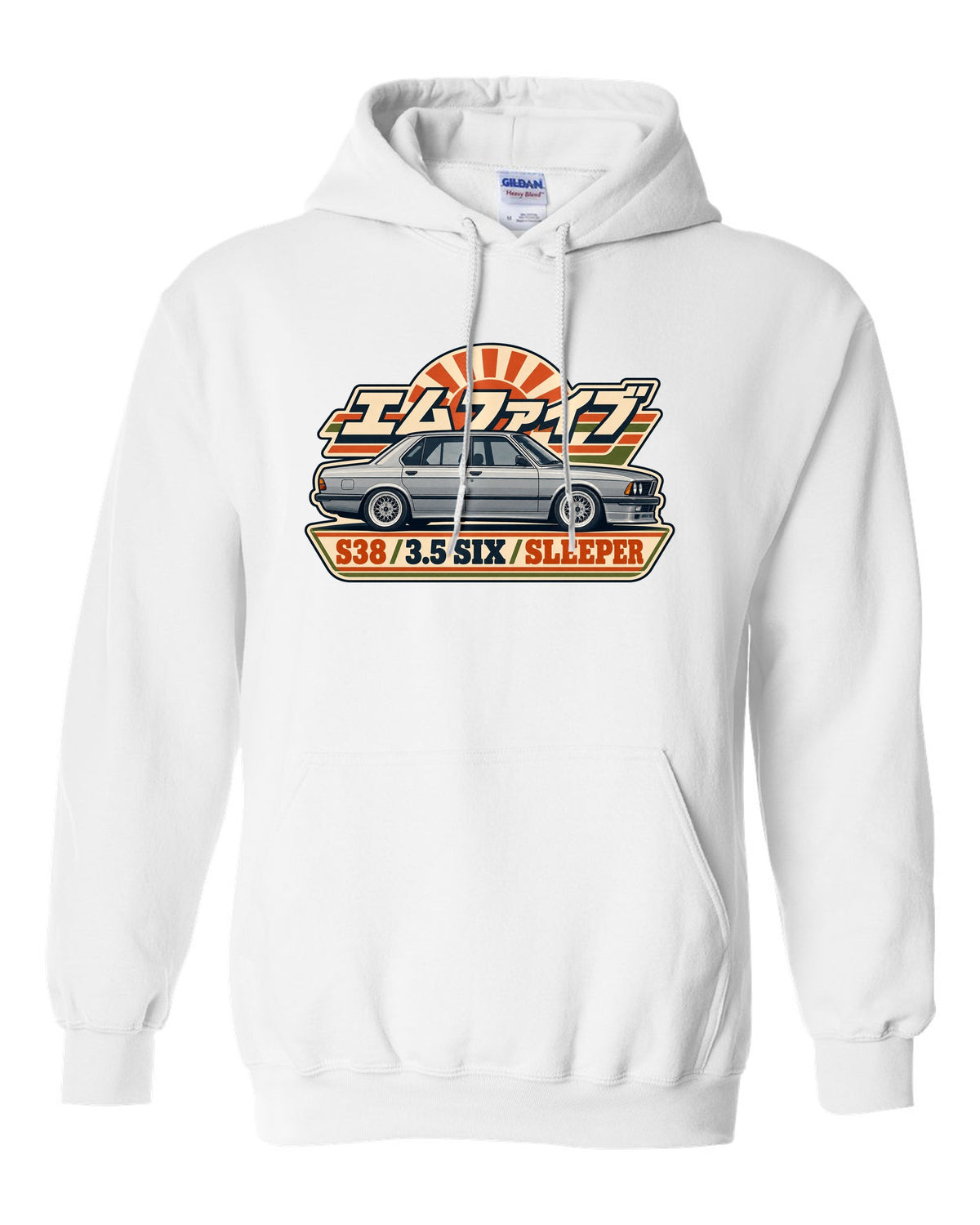 Vintage alpine pass race poster print of a BMW M5 E60 with rod bearing fund text white pull over hoodie front view with the design