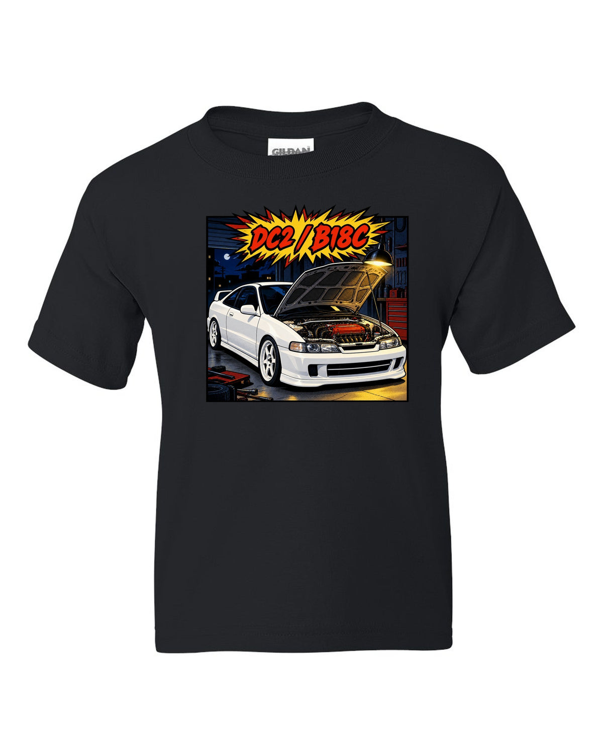 Comic book panel action burst print of a Honda Integra Type R DC2 with bonnet up and B18C text black kids tee front view with the design