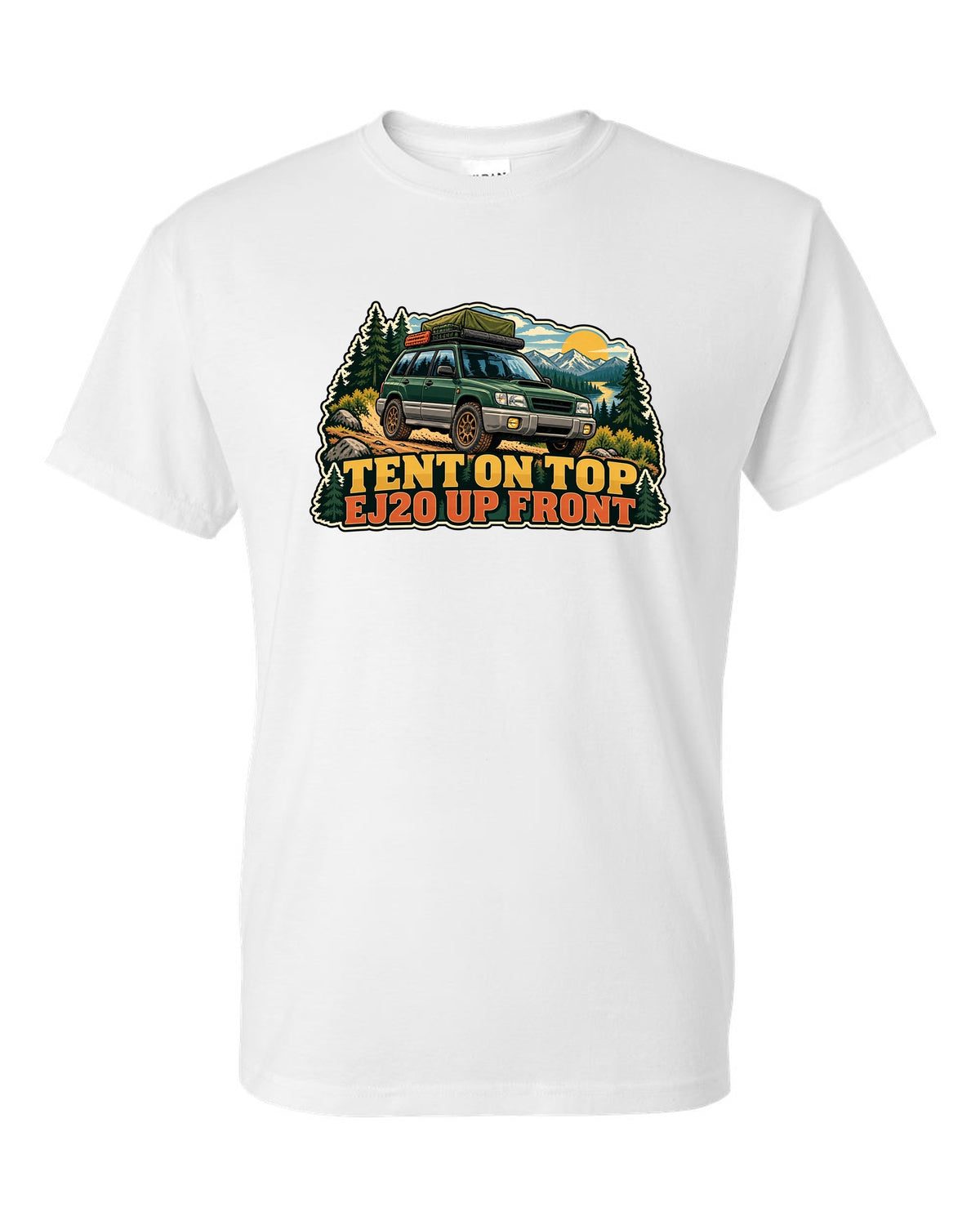 Vintage national park poster illustration of a Subaru Forester SF5 with a roof tent white t-shirt front view with the design