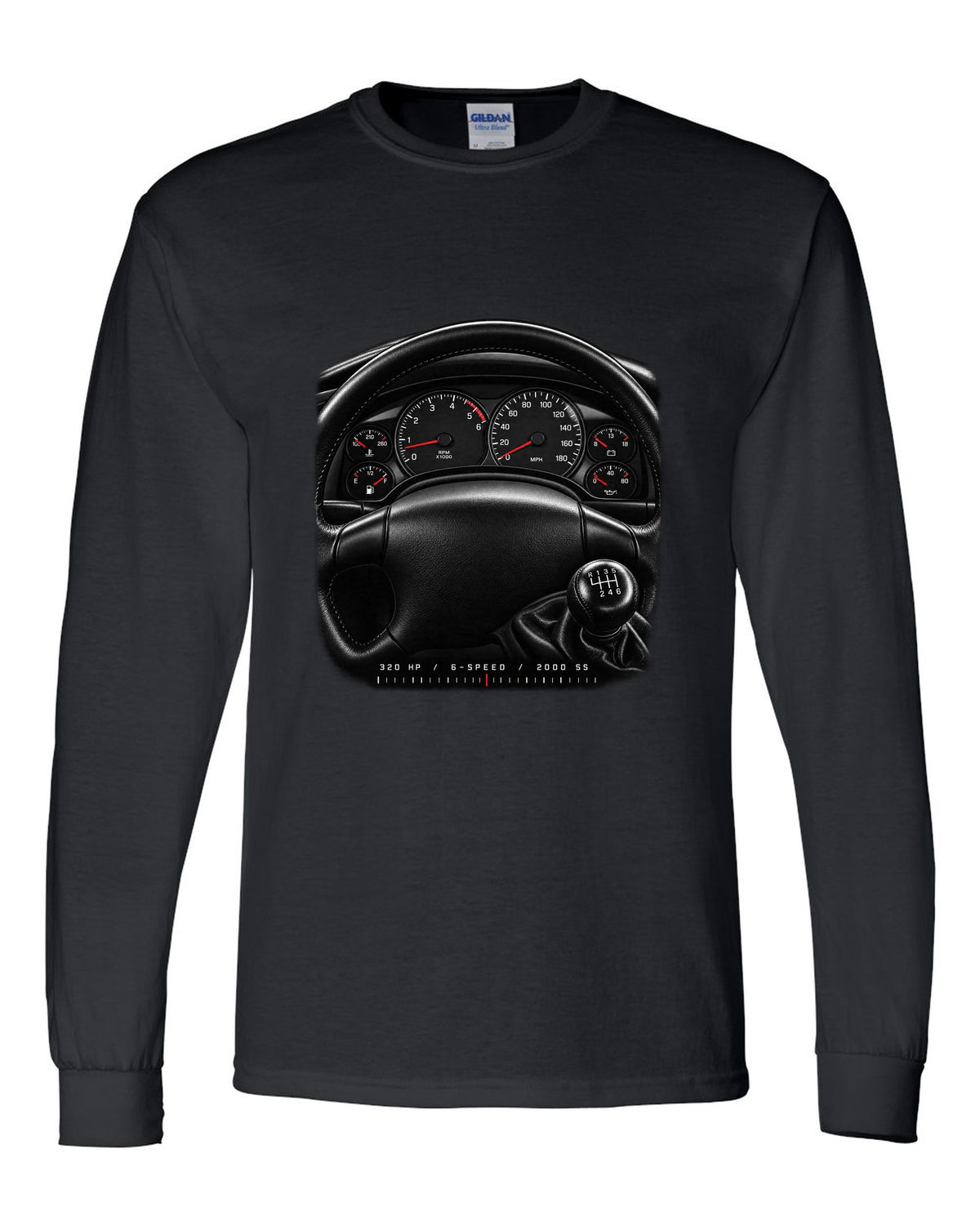 Gauge cluster print of a 2000 fourth-gen Chevrolet Camaro SS with 320 hp and 6-speed text black long sleeve front view with the design