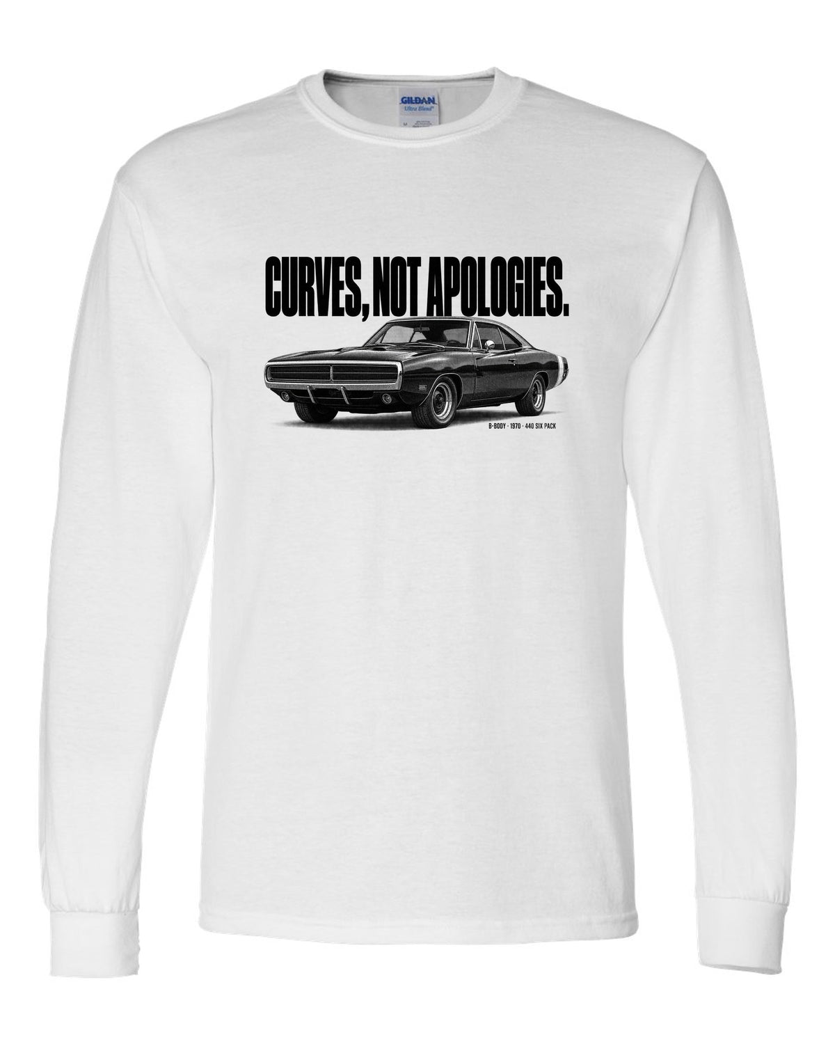 Halftone statement print of a 1970 Dodge Charger R/T with curves not apologies text white long sleeve front view with the design