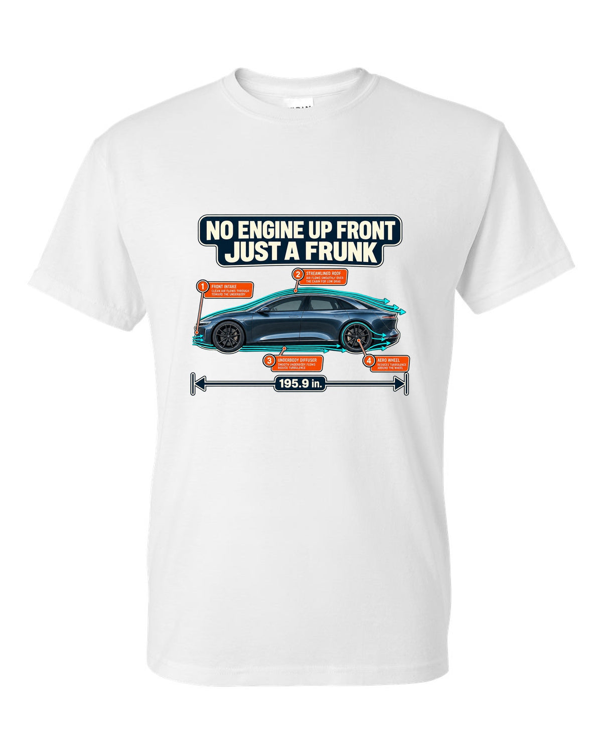 Aero cutaway callout print of a Lucid Air Sapphire showing the front trunk white t-shirt front view with the design