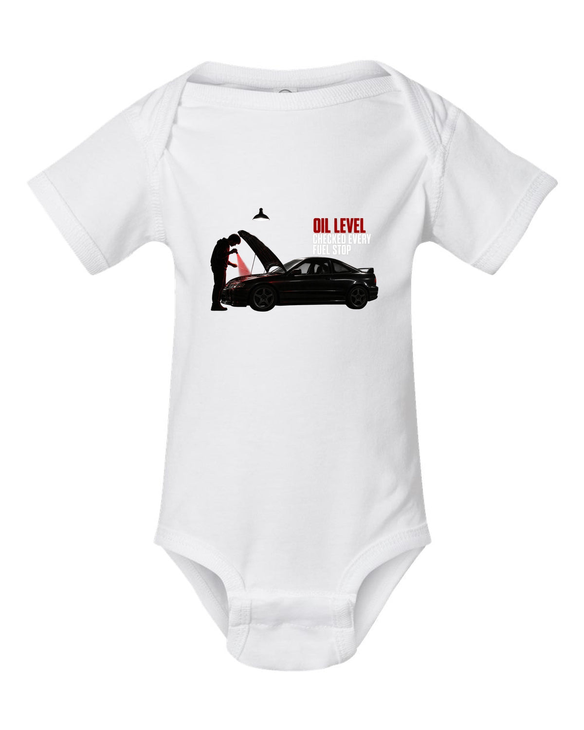BMW E46 M3 coupe garage night print with oil level checked every fuel stop text white baby onesie front view with the design
