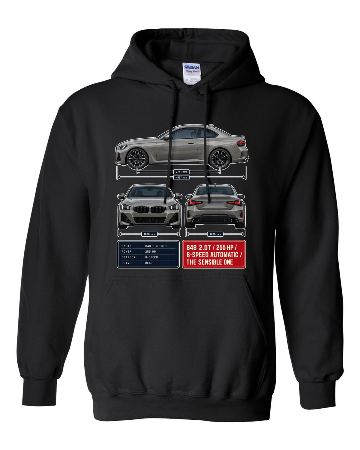 BMW 230i G42 coupe three-view drawing with spec table print black pull over hoodie front view with the design