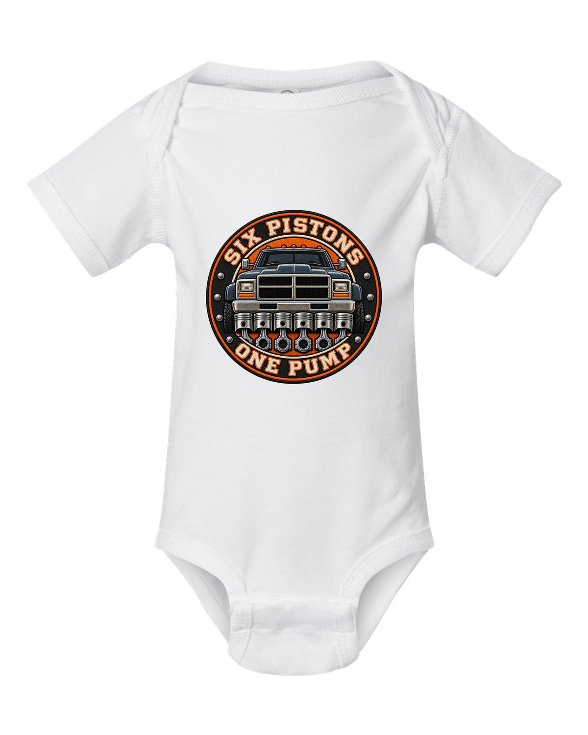 Round varsity crest print for a 1994-1998 Dodge Ram 2500 12V Cummins white baby onesie front view with the design