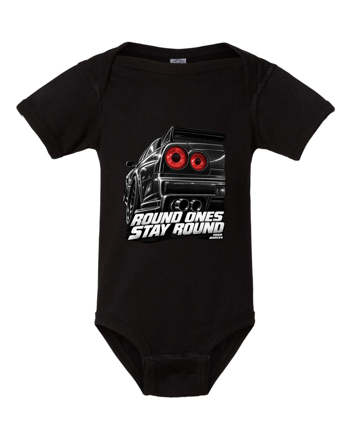 Macro print of the round taillights on a Nissan Skyline GT-R R34 BNR34 black baby onesie front view with the design