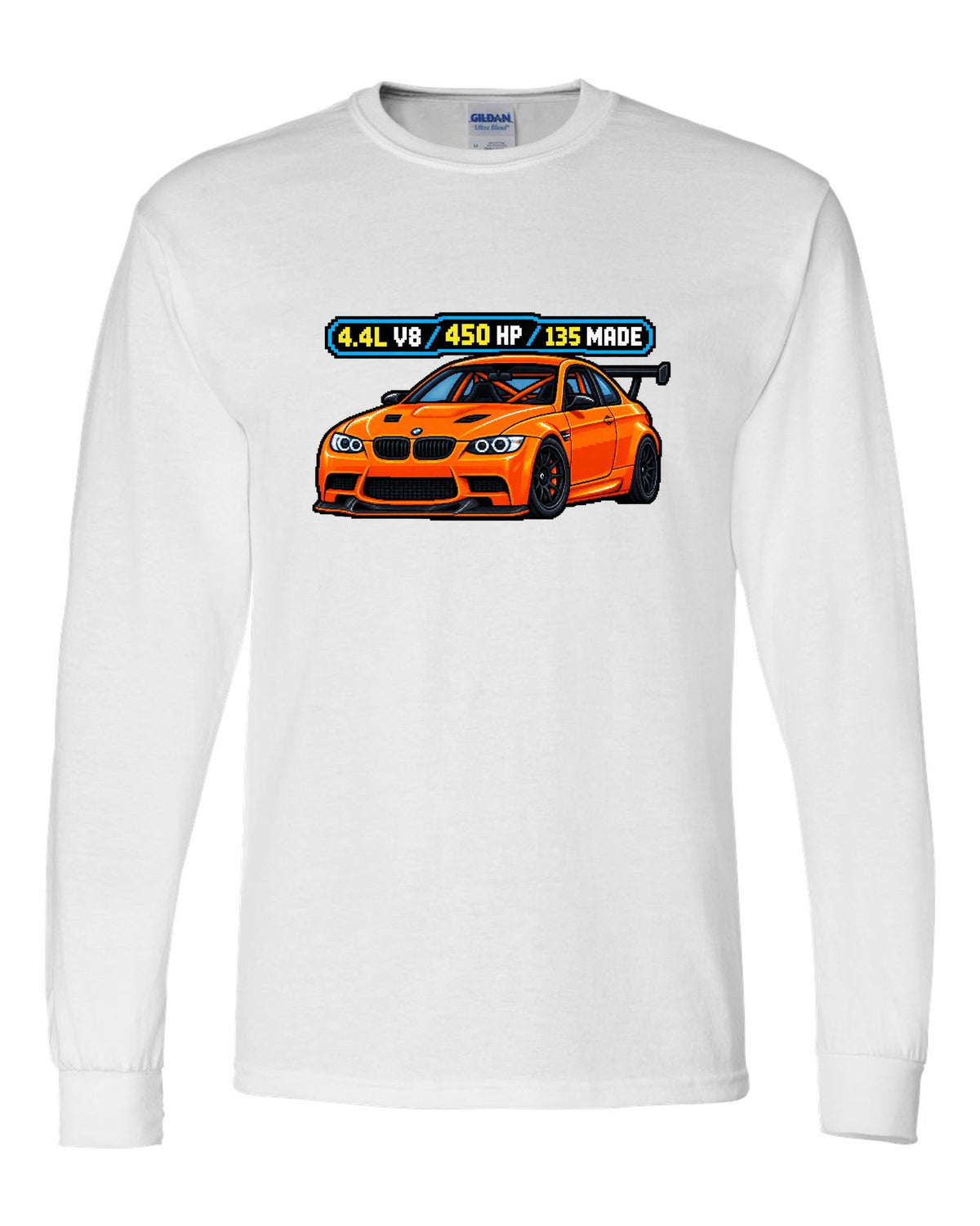 Pixel art print of an orange BMW E92 M3 GTS with 4.4L V8, 450 HP and 135 made text white long sleeve front view with the design