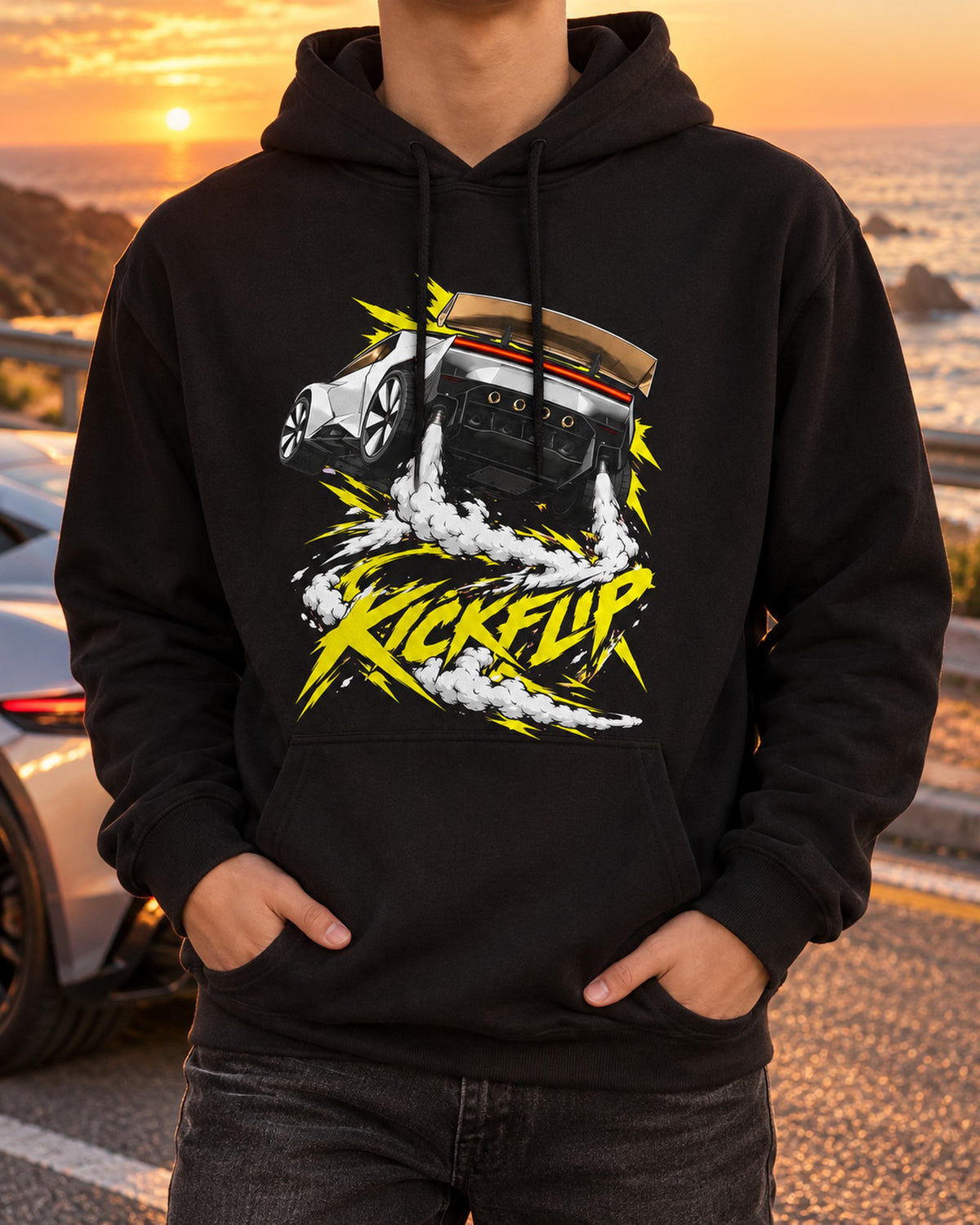 Tesla Roadster Kickflip Shirt, Hoodie & More Pull Over Hoodie Black worn hero