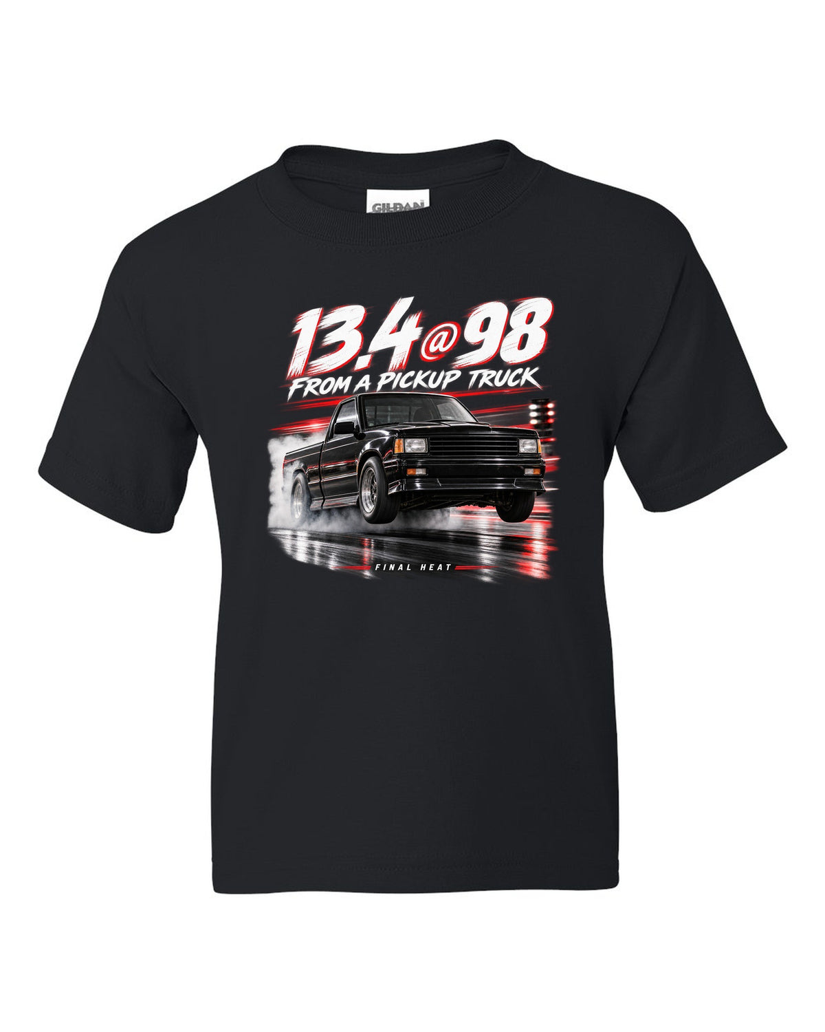 1991 GMC Syclone quarter mile race poster print black kids tee front view with the design