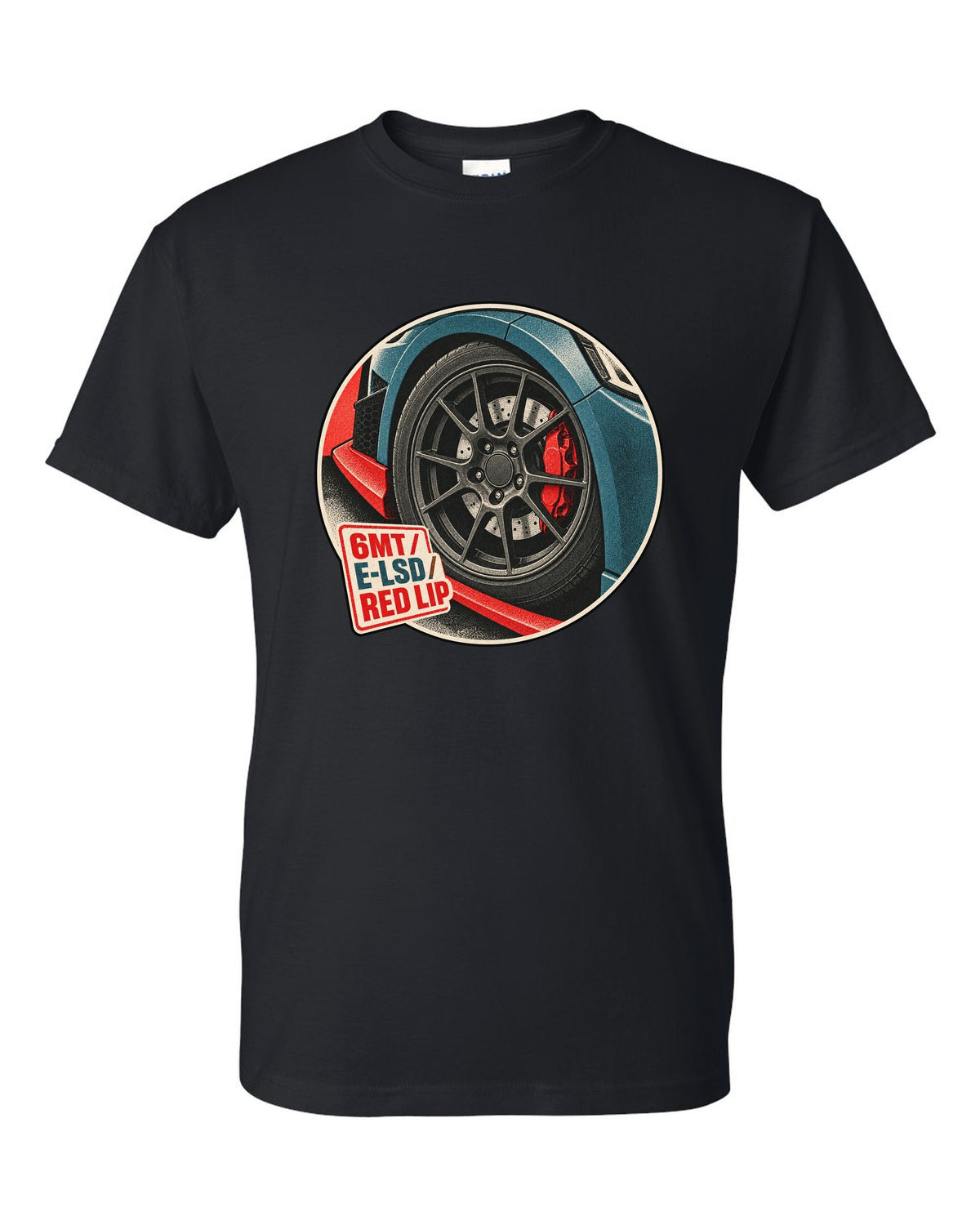 Risograph duotone print of a Hyundai Veloster N JS wheel and red front lip with 6MT E-LSD text black t-shirt front view with the design