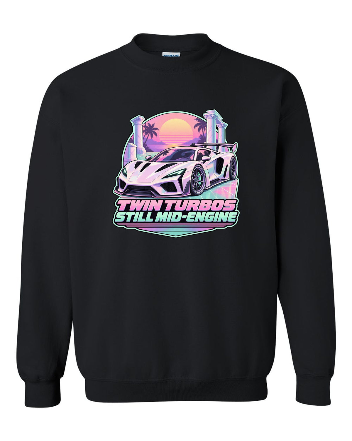 Badge crest design of a 2023 C8 Corvette Z06 with wide rear haunches black crewneck front view with the design