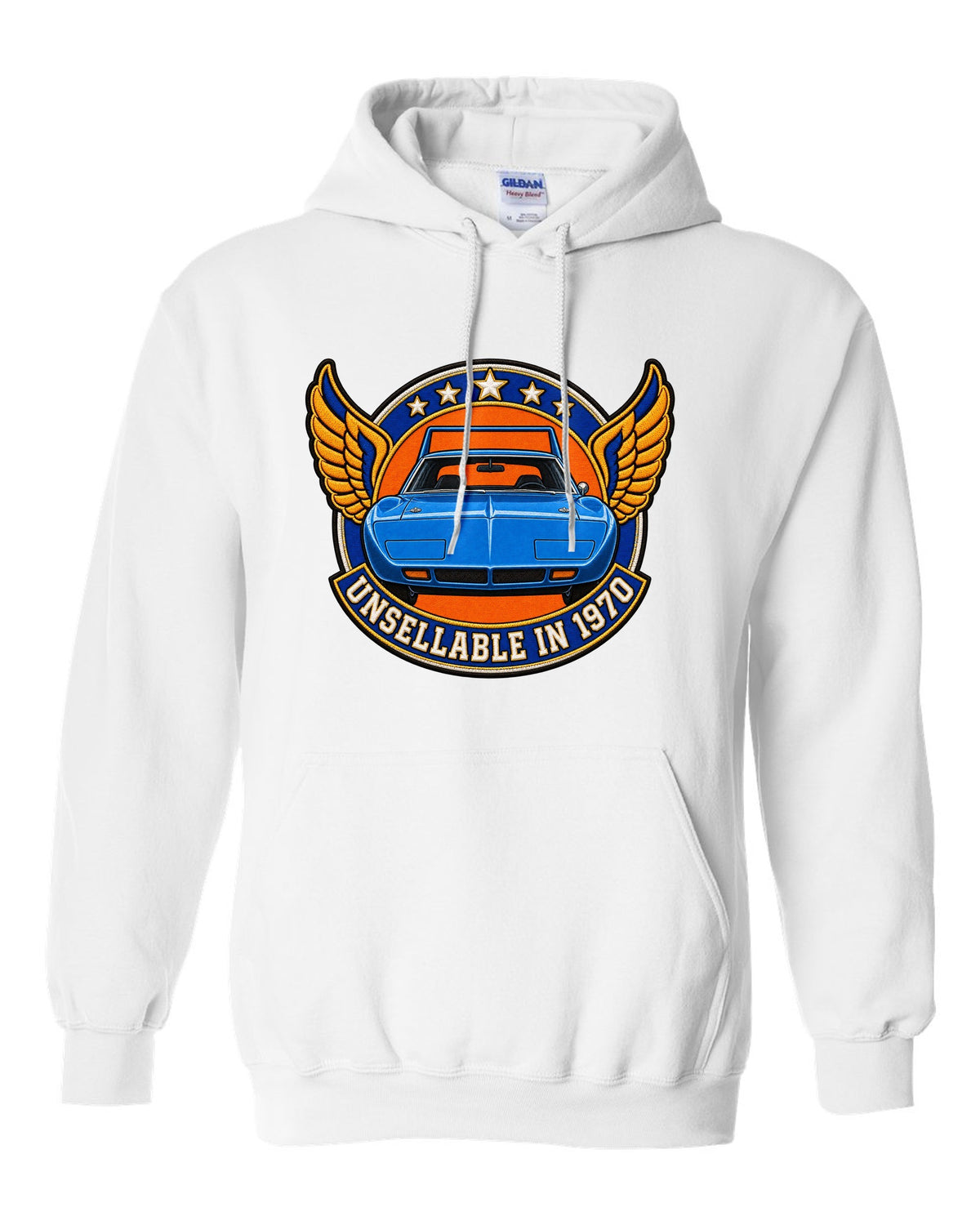 Embroidery-style varsity crest for the 1970 Plymouth Superbird with unsellable in 1970 text white pull over hoodie front view with the design