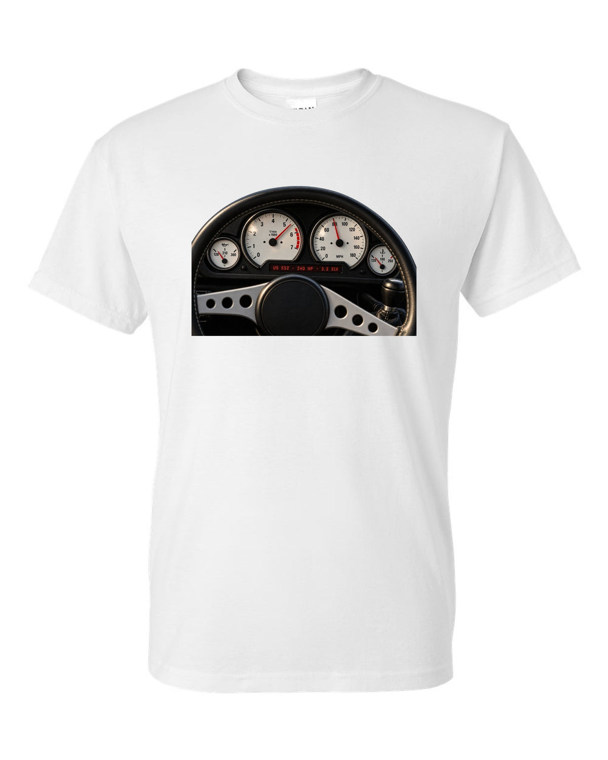 BMW E36 M3 coupe US S52 cockpit gauge print with 240 HP and 3.2 six text white t-shirt front view with the design