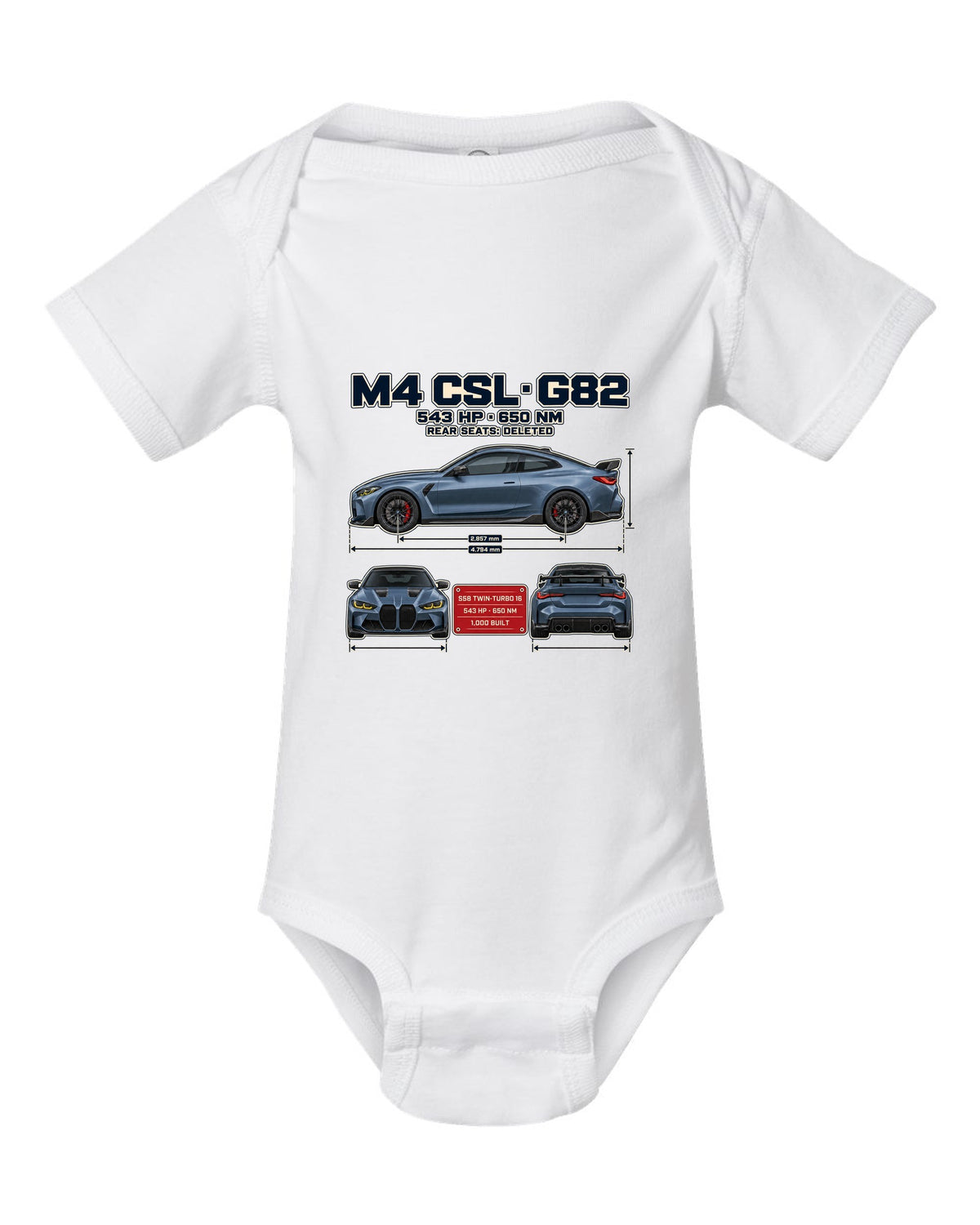 BMW M4 CSL G82 three-view spec table print white baby onesie front view with the design
