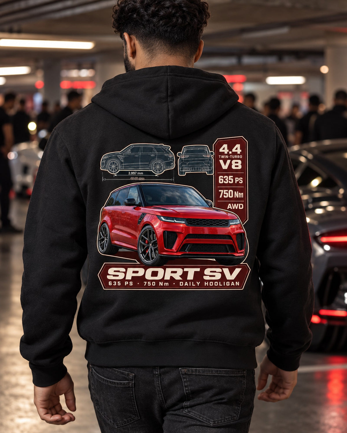 Range Rover Sport SV L461 Spec Poster Shirt, 635 PS Daily Driver Zip Hoodie Black worn hero