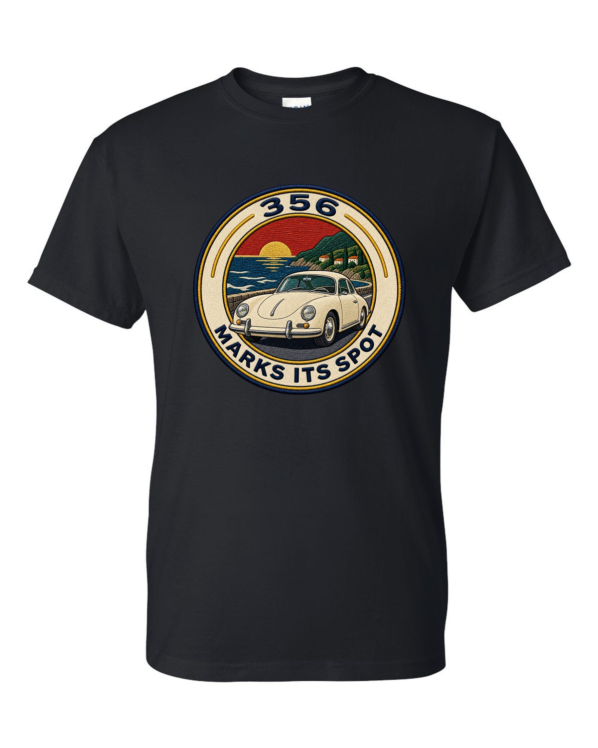 Round varsity crest style illustration of a Porsche 356 A black t-shirt front view with the design