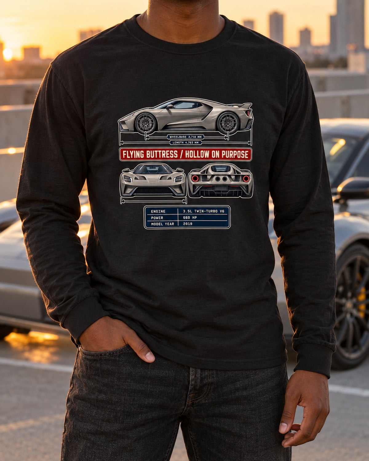 Ford GT 2019 Three-View Spec Table Tee, Flying Buttress Shirt Long Sleeve Black worn hero