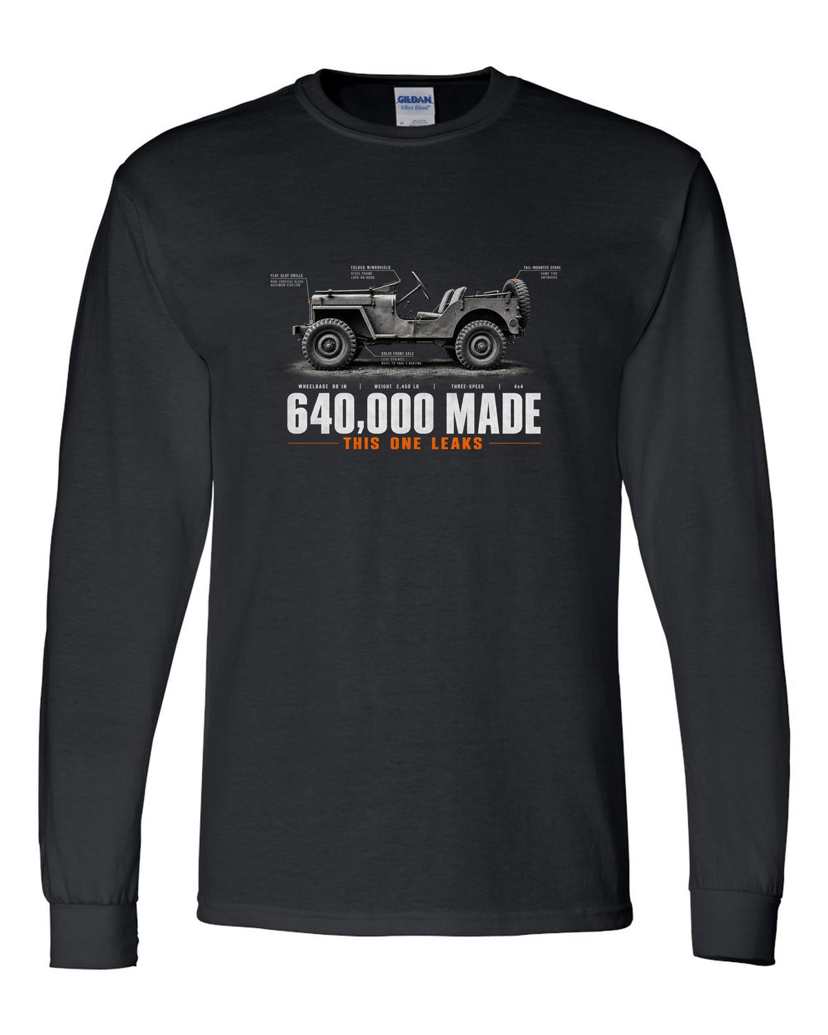 Spec poster print for the Willys MB and Ford GPW, 640,000 made black long sleeve front view with the design