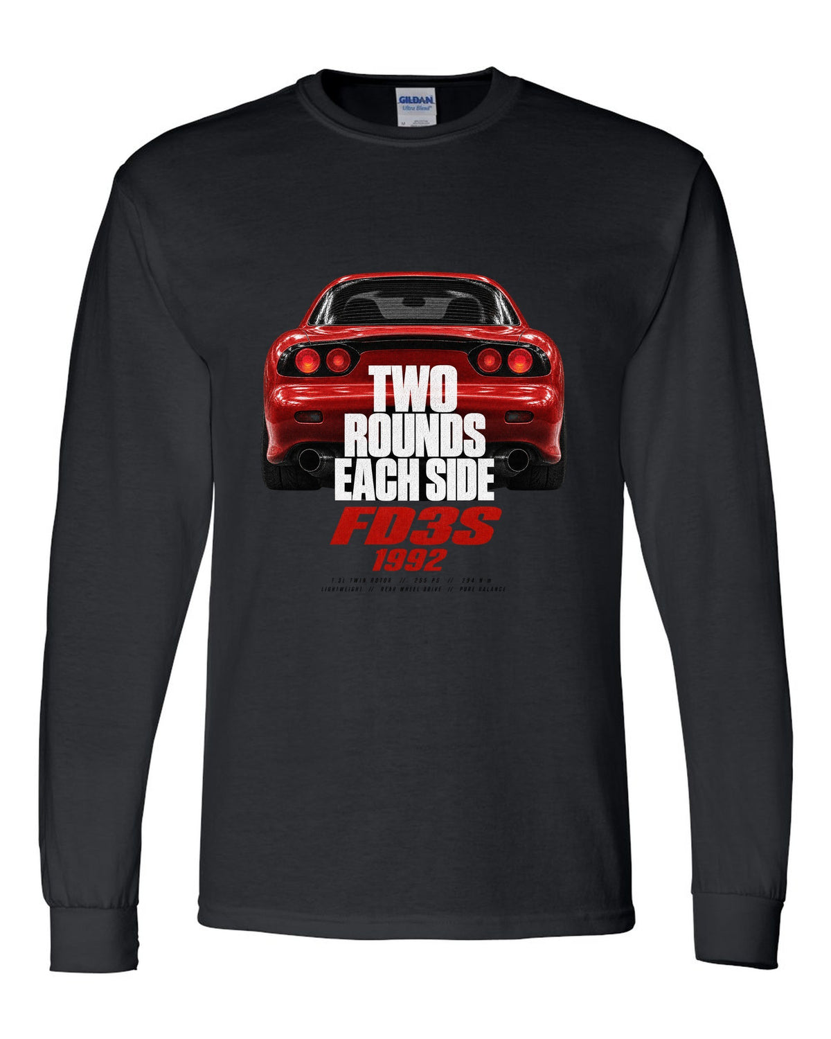 Taillight macro print of a Mazda RX-7 FD3S with round lamps black long sleeve front view with the design