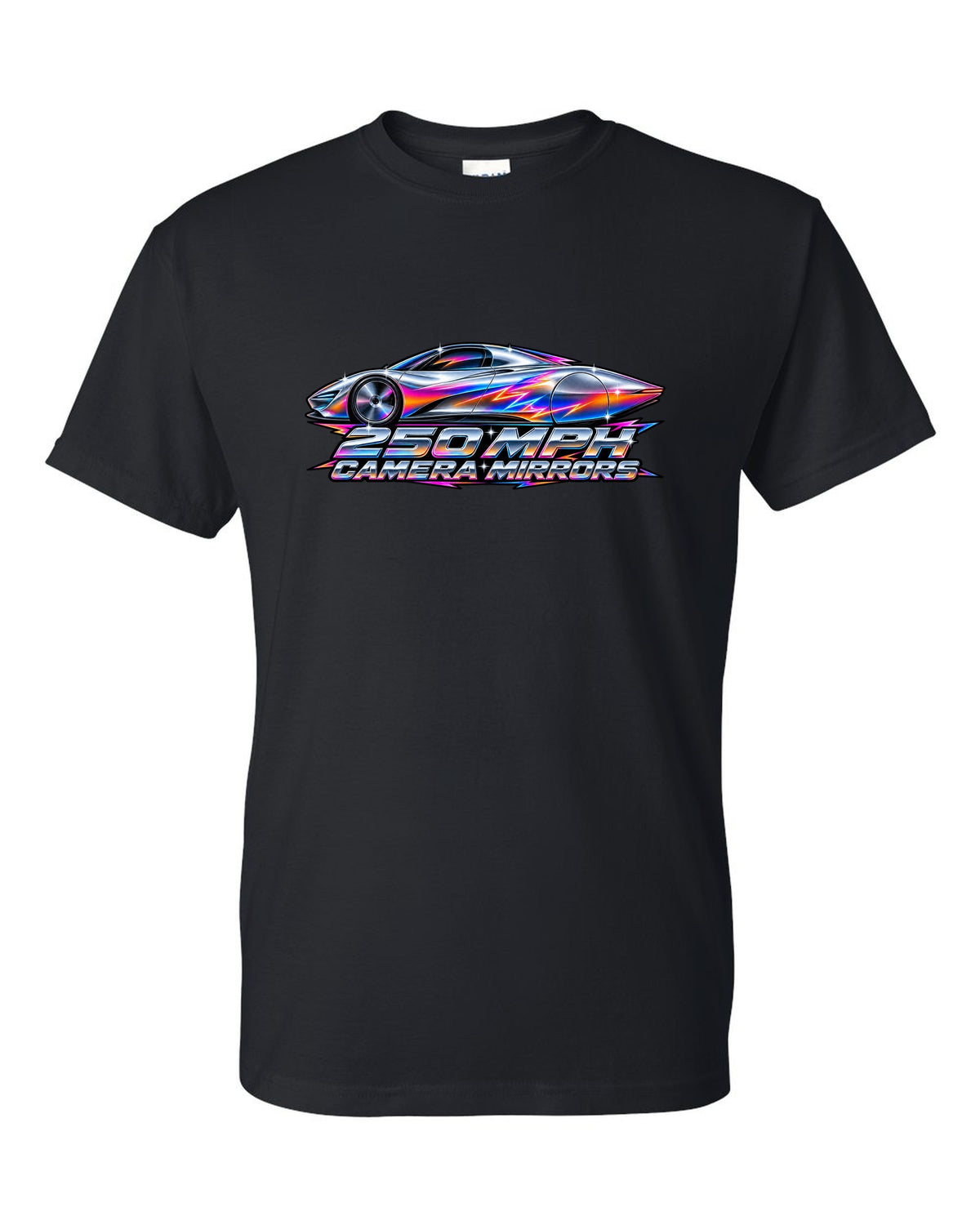 McLaren Speedtail in 80s airbrush chrome style with 250 MPH and camera mirrors lettering black t-shirt front view with the design