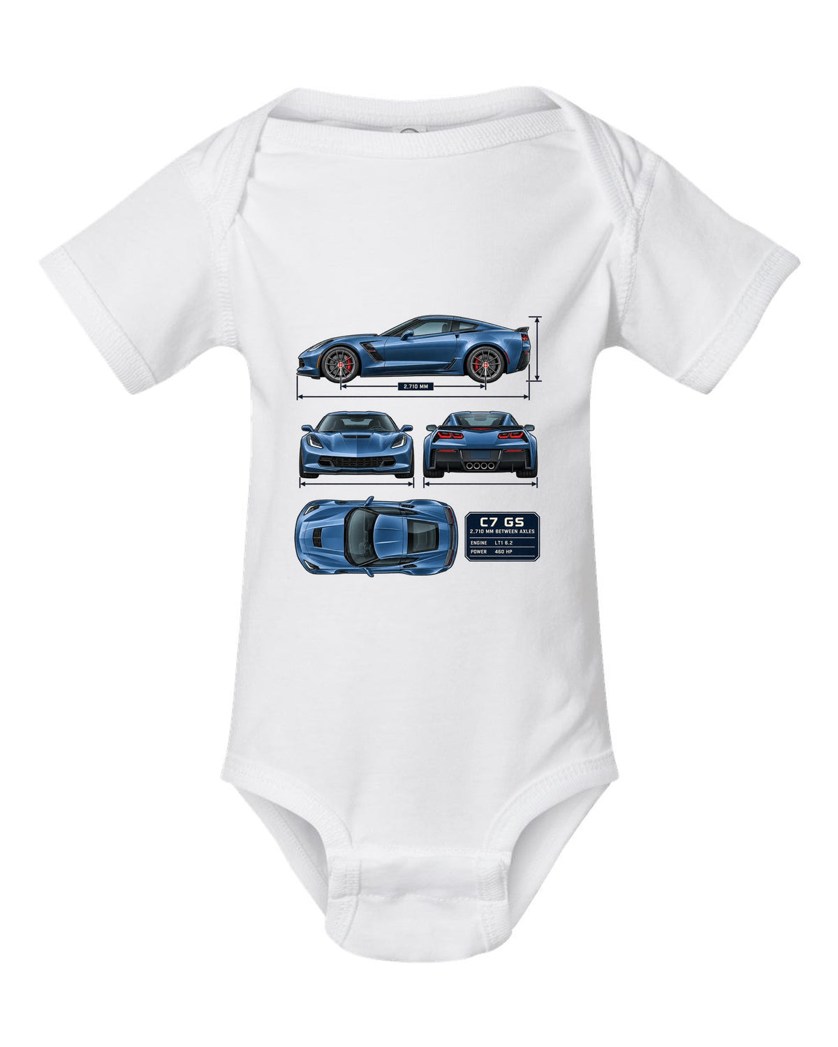 print of a Chevrolet Corvette C7 Grand Sport dimension blueprint with 2,710 mm wheelbase white baby onesie front view with the design