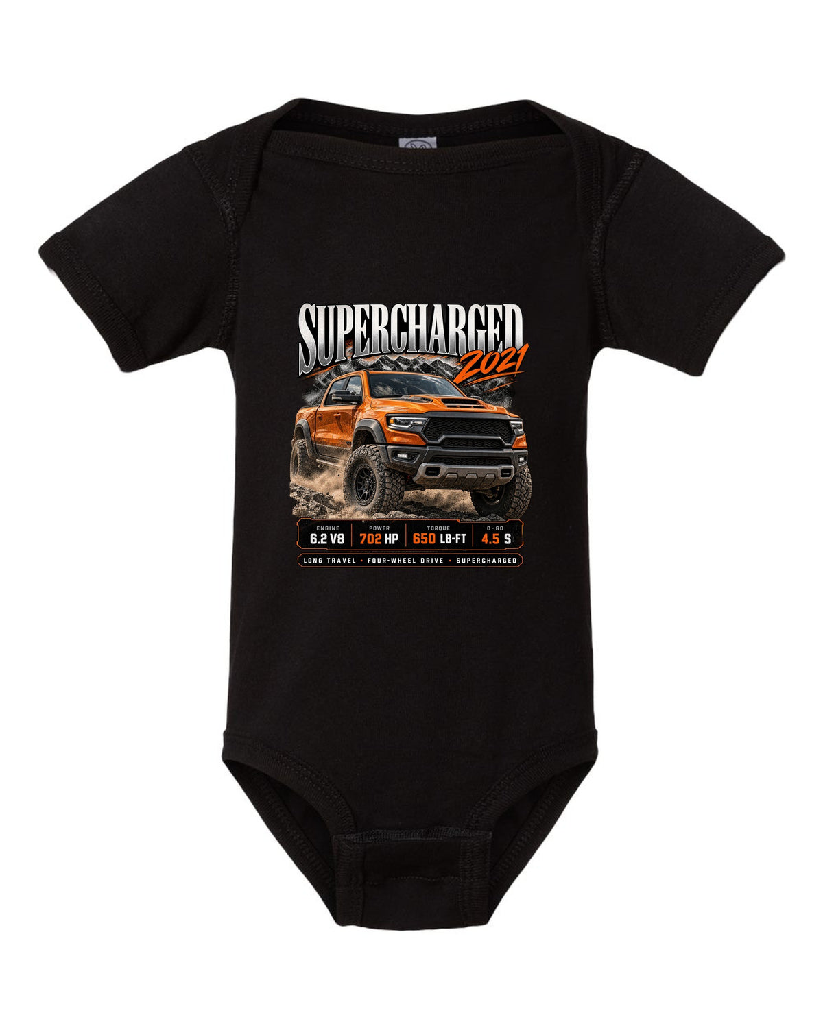Archive panel of a 2021 Ram 1500 TRX with 702 HP and 650 lb-ft supercharged black baby onesie front view with the design