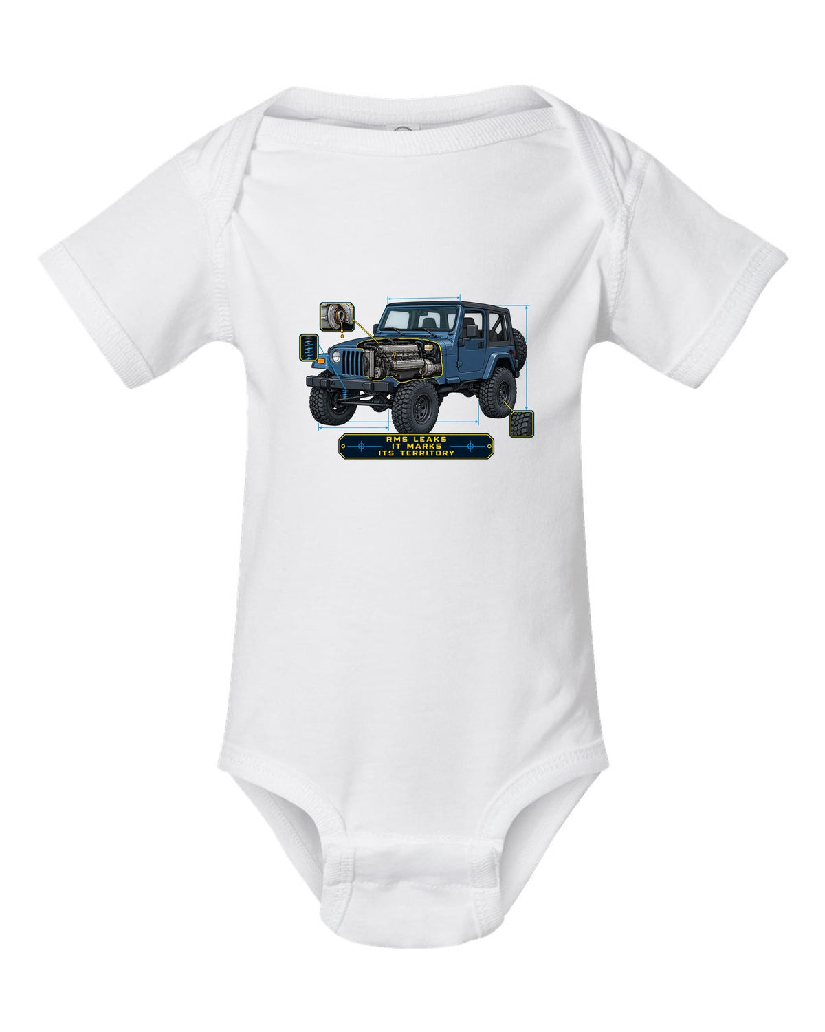 Blueprint style engine cutaway of a Jeep Wrangler TJ with RMS LEAKS IT MARKS ITS TERRITORY lettering white baby onesie front view with the design