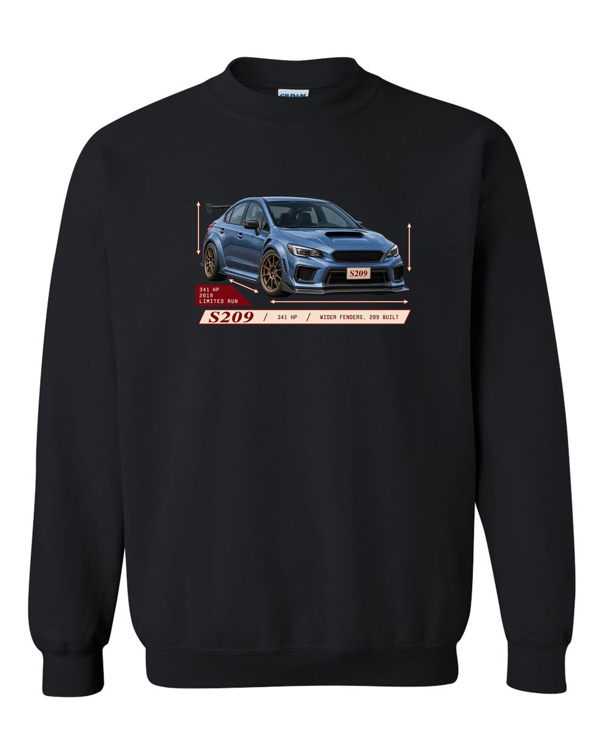 Subaru WRX STI S209 2019 widebody archive panel design black crewneck front view with the design