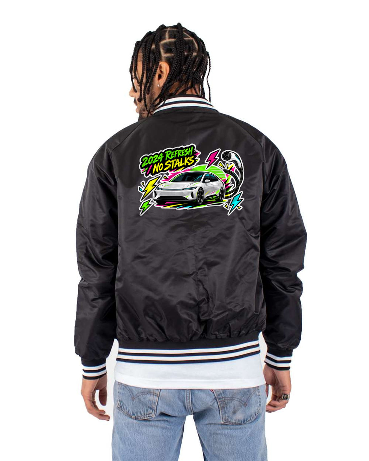 Tesla Model 3 Highland 2024 Sticker Bomb Shirt, Car Guy Tee Bomber Jacket Black back